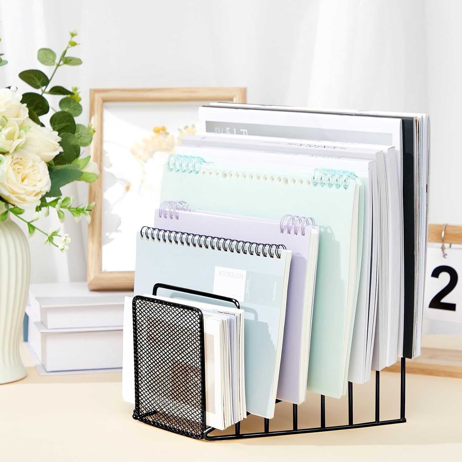 2 Pcs 7 Section Wire File Organizer for Desk, Metal Mesh Incline File Holder, Letter & Magazine Folder Rack, Desktop