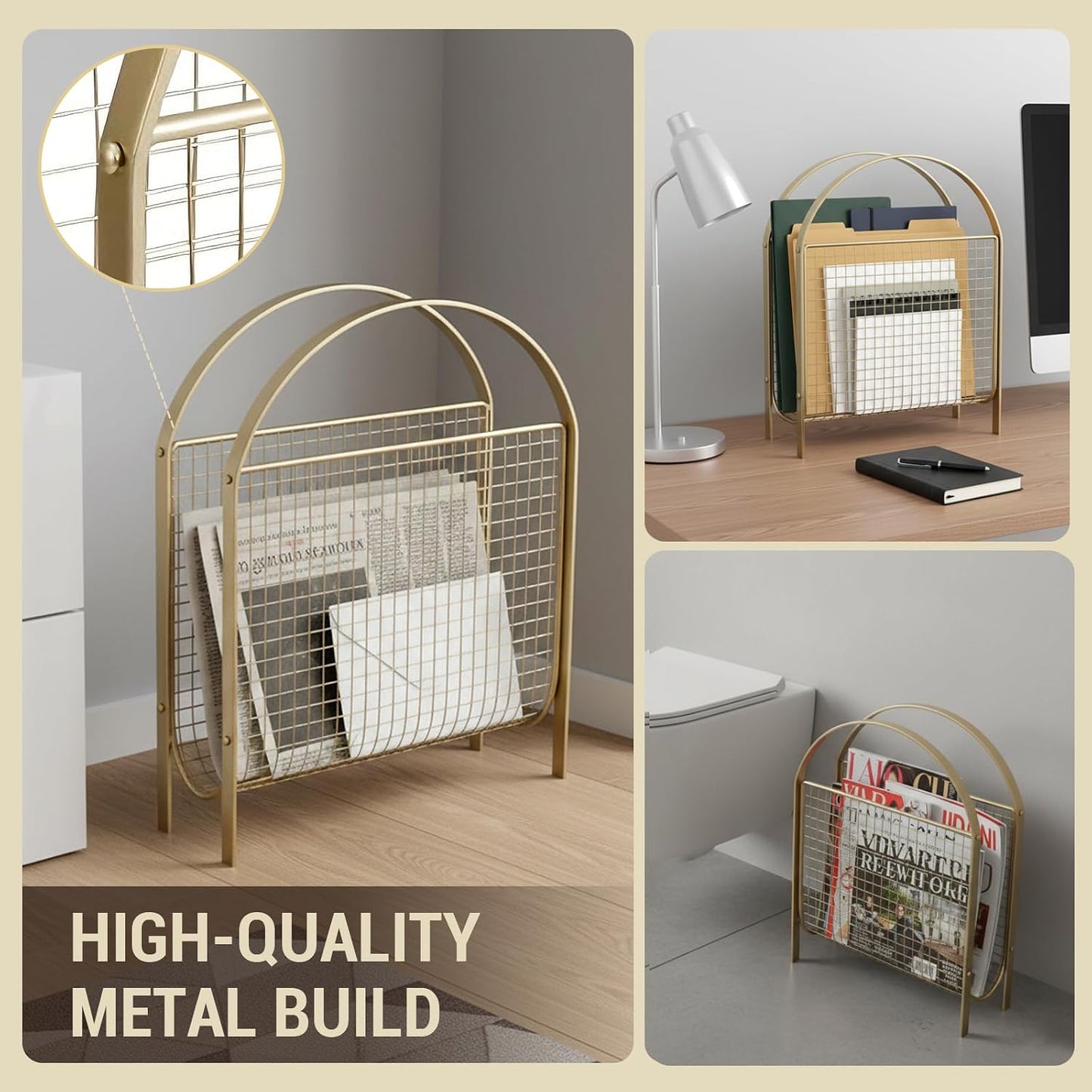 MyGift Mid Century Brass Tone Metal Mesh Magazine Rack Storage Basket | Freestanding Tabletop Organizer, Keeps Reading