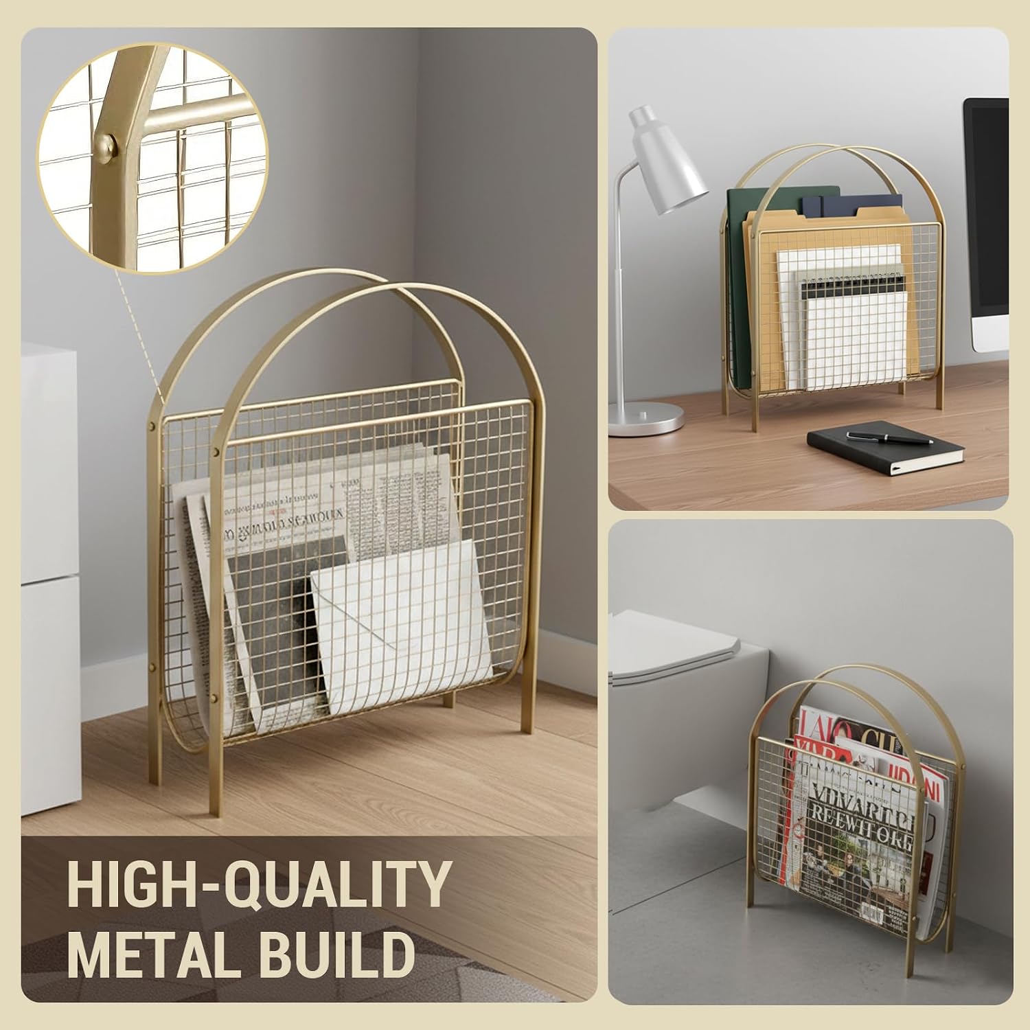MyGift Mid Century Brass Tone Metal Mesh Magazine Rack Storage Basket | Freestanding Tabletop Organizer, Keeps Reading
