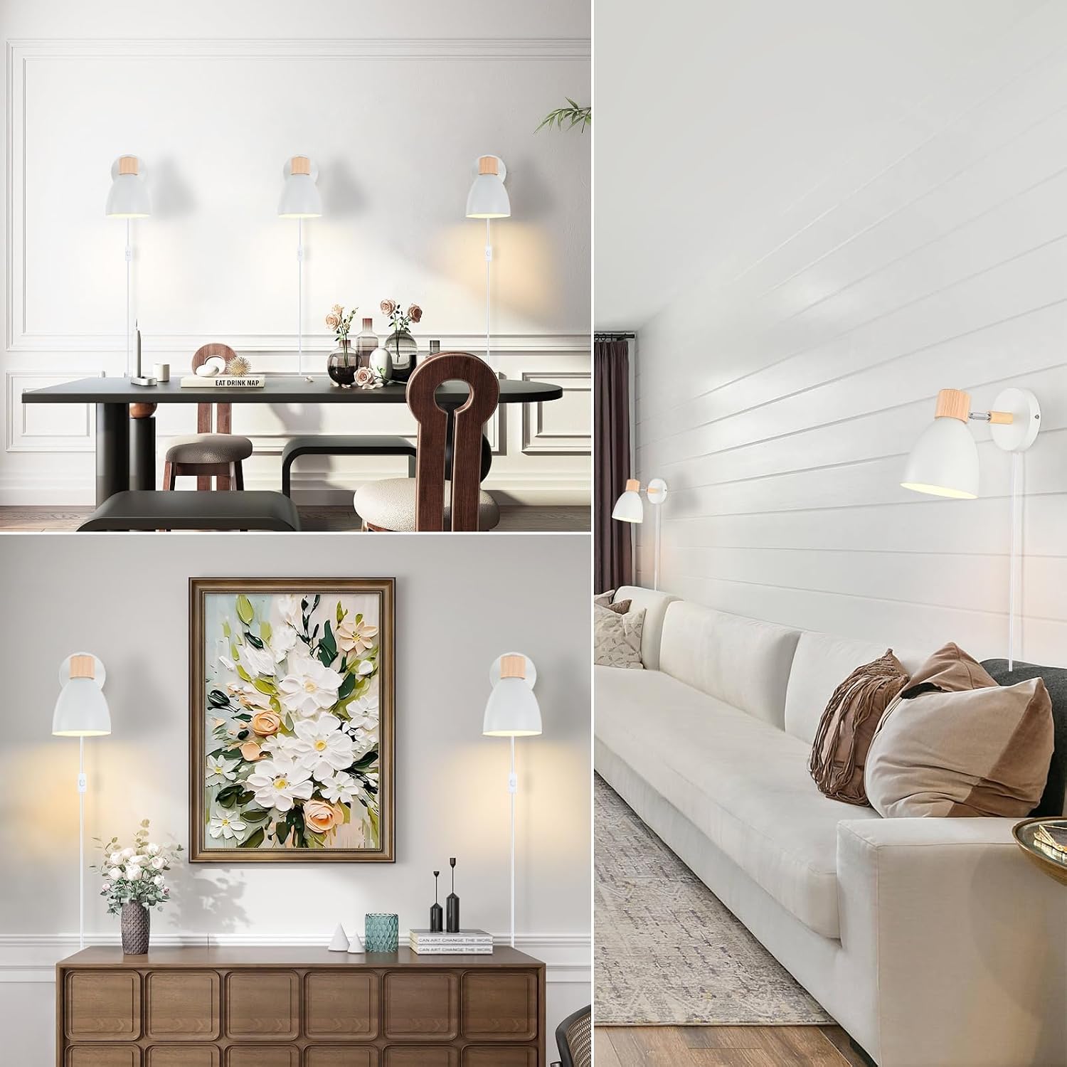 Wall Sconces Plug in, Swing Arm Wall Lamp with Power Cord, White Plug in Wall Lighting Fixtures Set of Two, Bedside