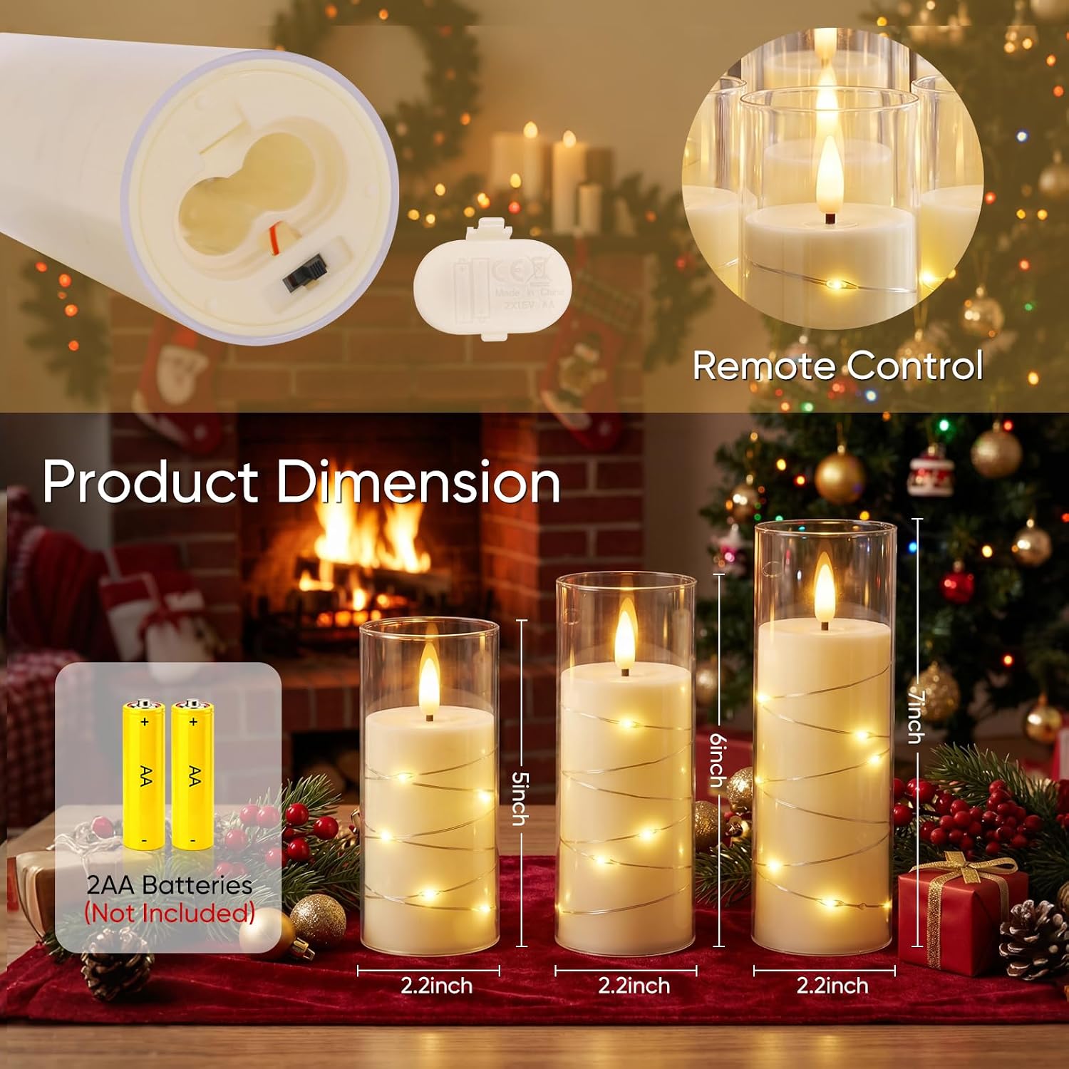 Homemory Flameless Candles with Remote Timer, Clear Acrylic Flickering LED Pillar Candles with Embedded Fairy String