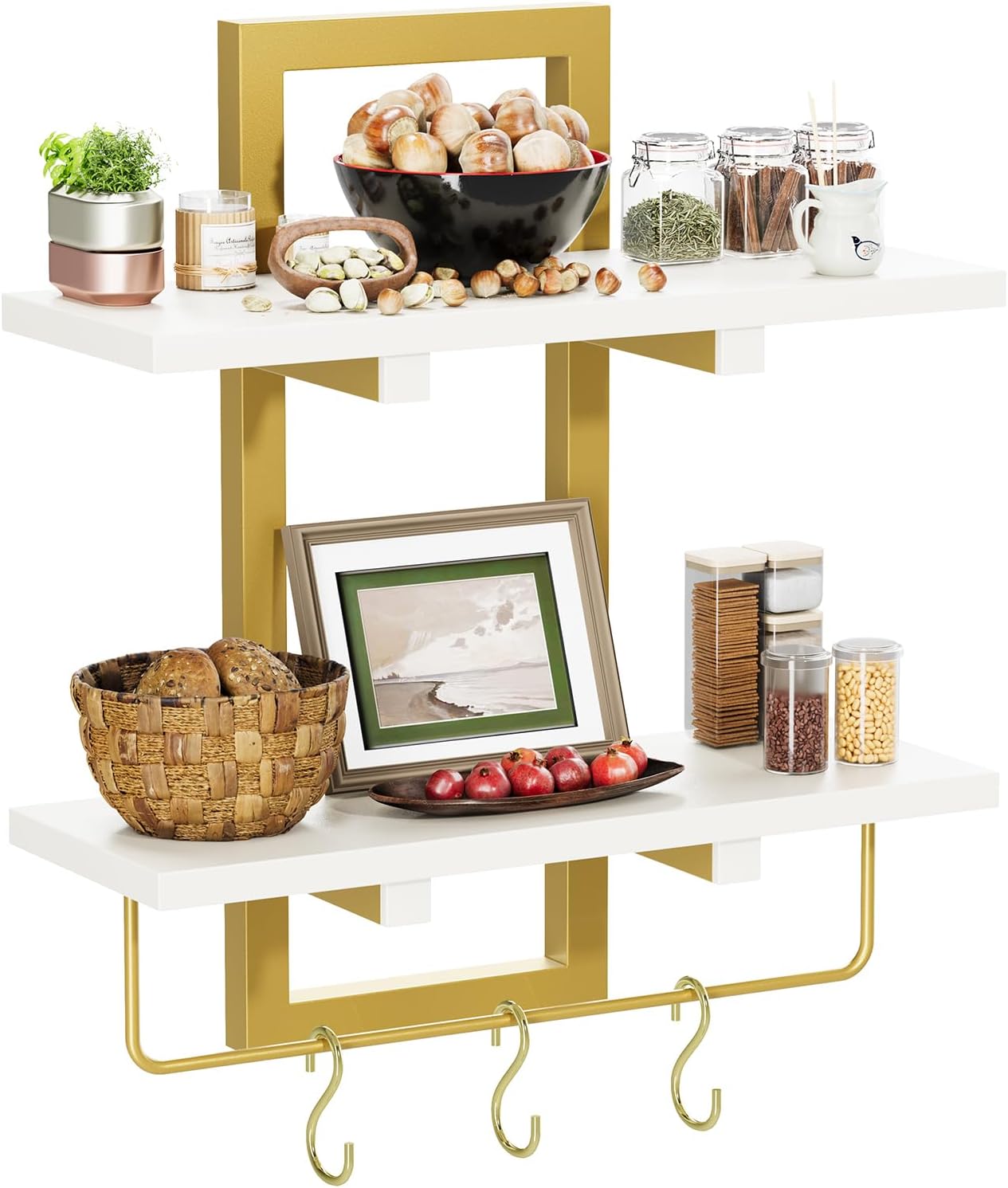 Floating Shelves / Wall Mounted Storage Shelves / White + Gold / Set of 2