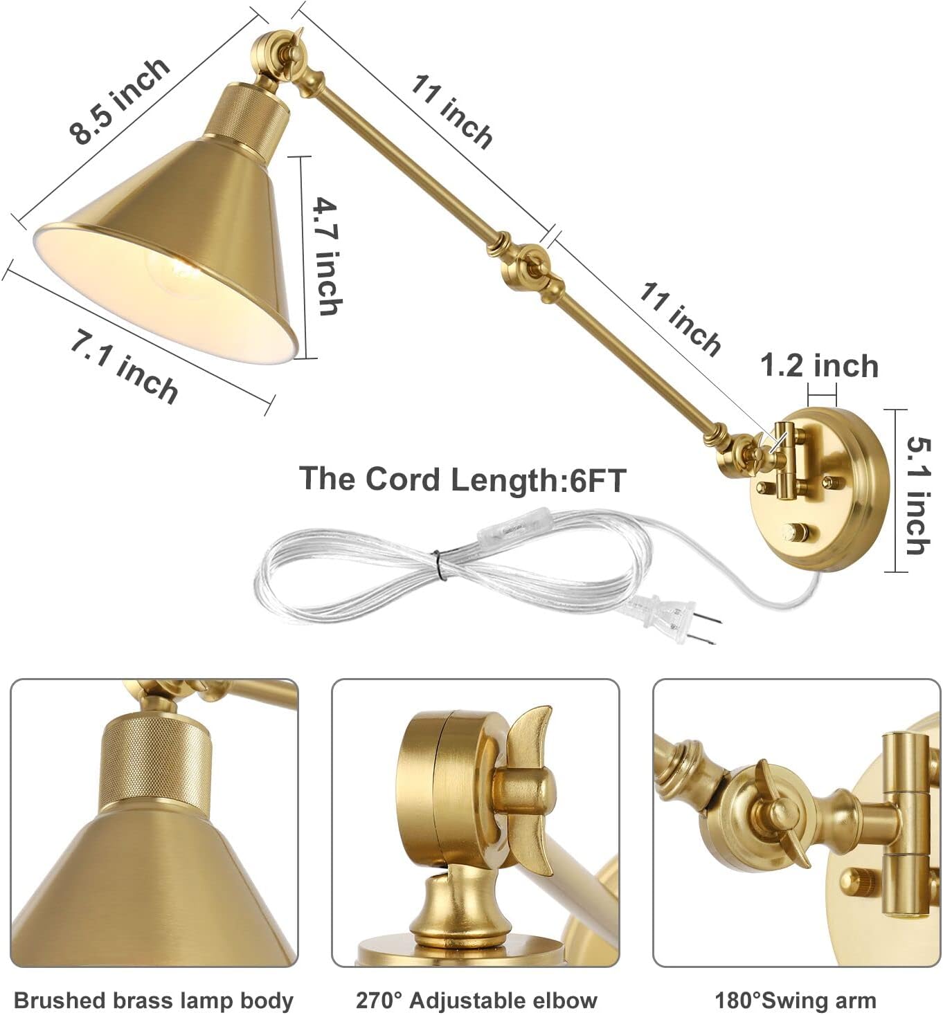 TRLIFE Wall Sconce Plug in, Brushed Brass Dimmable Wall Sconce Swing Arm Wall Lights Plug in Wall Mounted Light with