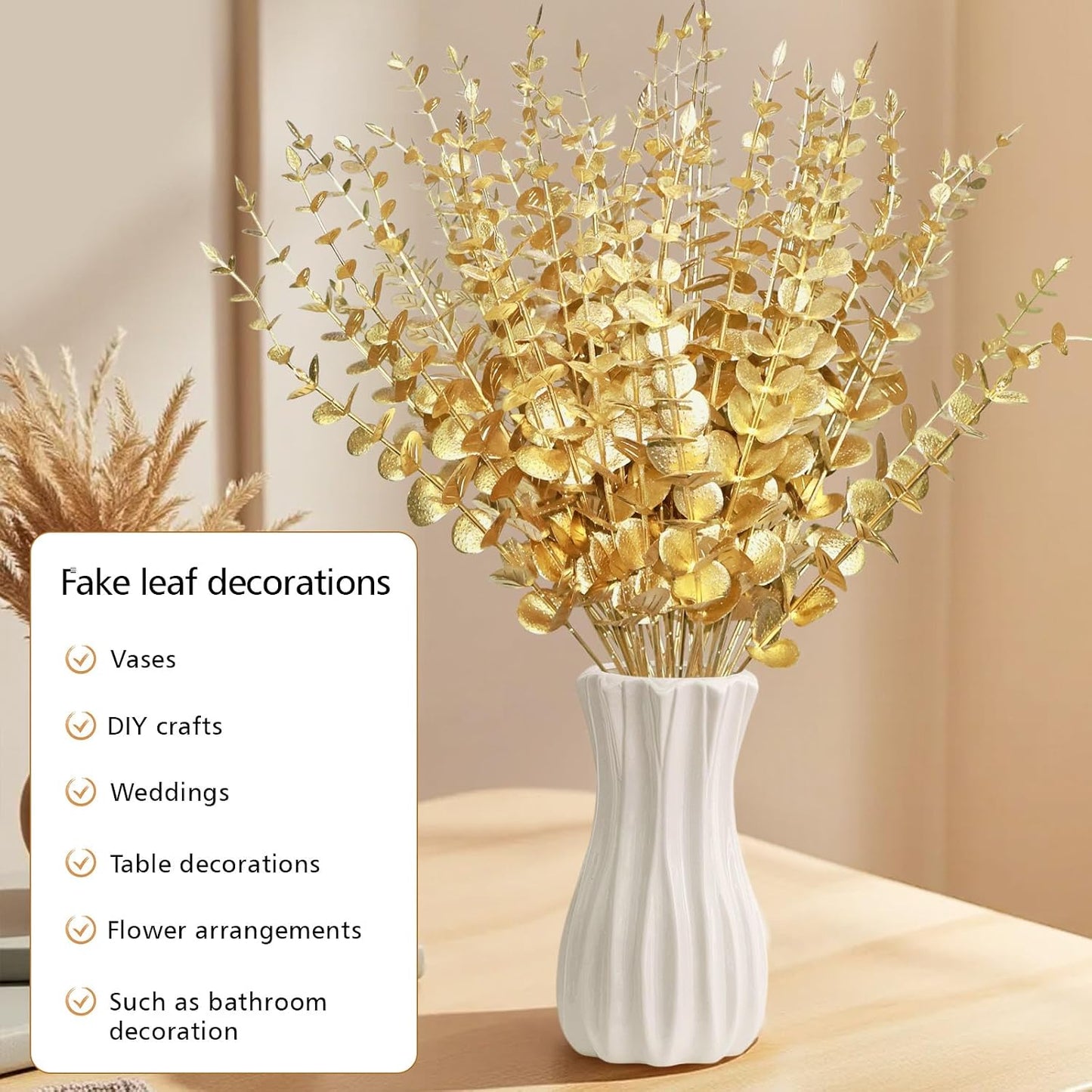 Flowers Eucalyptus Leaves Stems 15'' Faux Eucalyptus Leaves Decor Fake / Gold / Set of 50