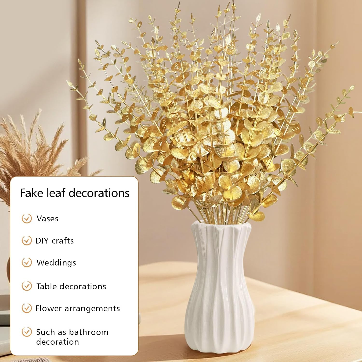Flowers Eucalyptus Leaves Stems 15'' Faux Eucalyptus Leaves Decor Fake / Gold / Set of 50