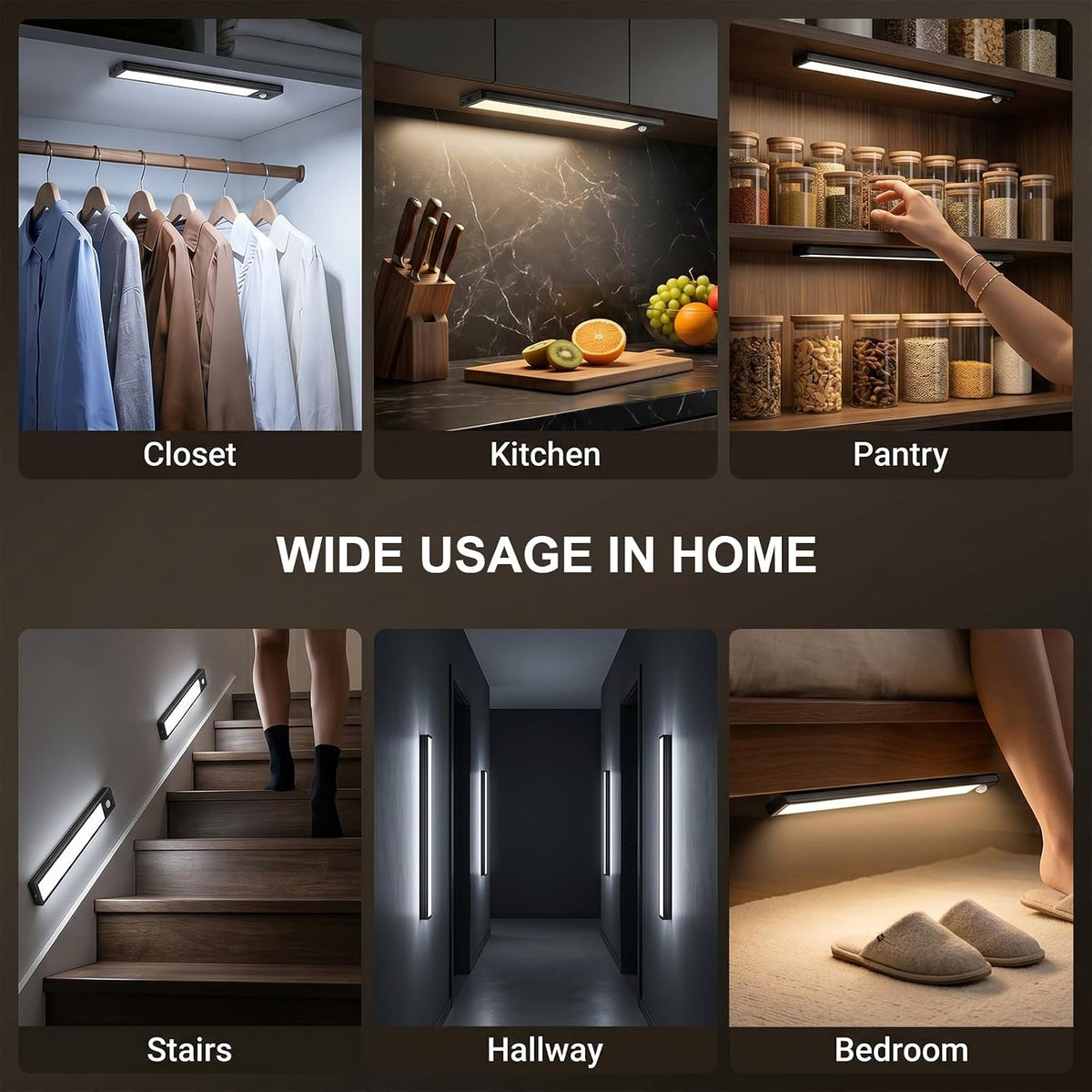 6Pack Under Cabinet Lighting Rechargeable -10" Ultra-Thin Black 3 Color Temps Super Bright, Motion Sensor, Long Lasting