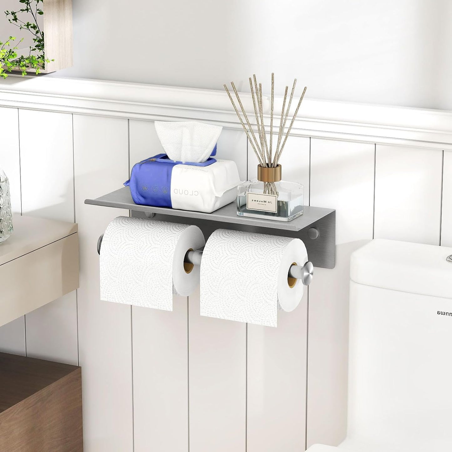 Toilet Paper Holder with Shelf, Double Roll Holder, Brushed Nickel | 304 Stainless Steel, Wall Mounted, Anti-Drop