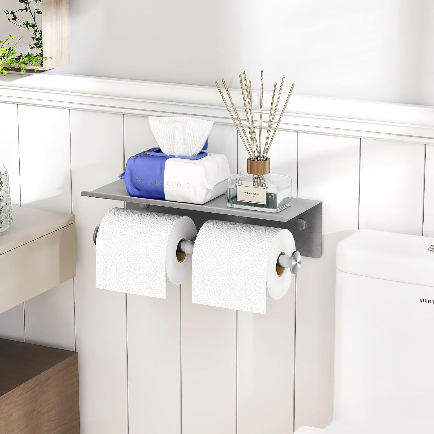 Toilet Paper Holder with Shelf, Double Roll Holder, Brushed Nickel | 304 Stainless Steel, Wall Mounted, Anti-Drop