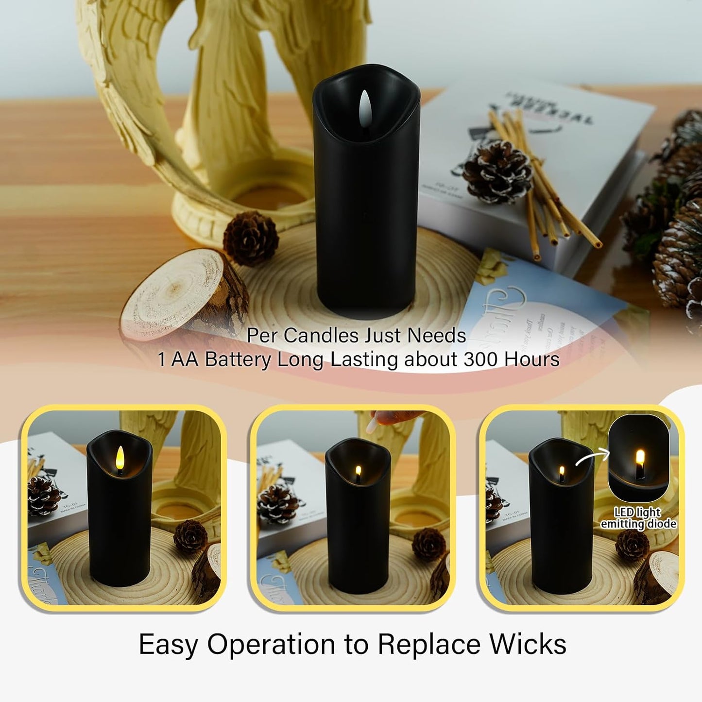 kakoya Flickering Flameless Candles, Battery Operated Plastic LED Pillar Candles with Remote Control and Timer, Set of