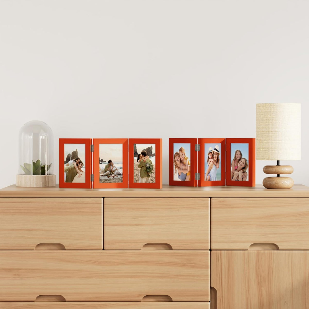 decorUhome Orange Triple 5x7 Picture Frame Vertical, MDOR08 | "Z" Shape Folding Design Engineered Wood Trifold Photo
