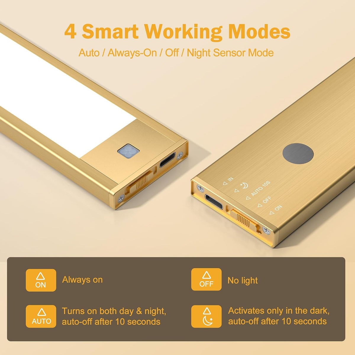 V4light Motion Sensor Cabinet Light, Rechargeable, Dimmable, 2Pcs, 9in | Gold aluminum, magnetic wireless, 1800mAh, 3