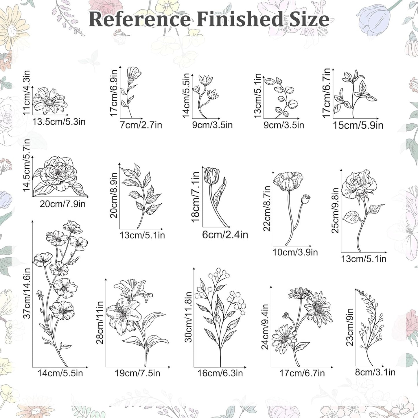 15 Sheets Garden Floral Wall Decals DIY Peel and Stick Wall Decal Self Adhesive / Black Sketch