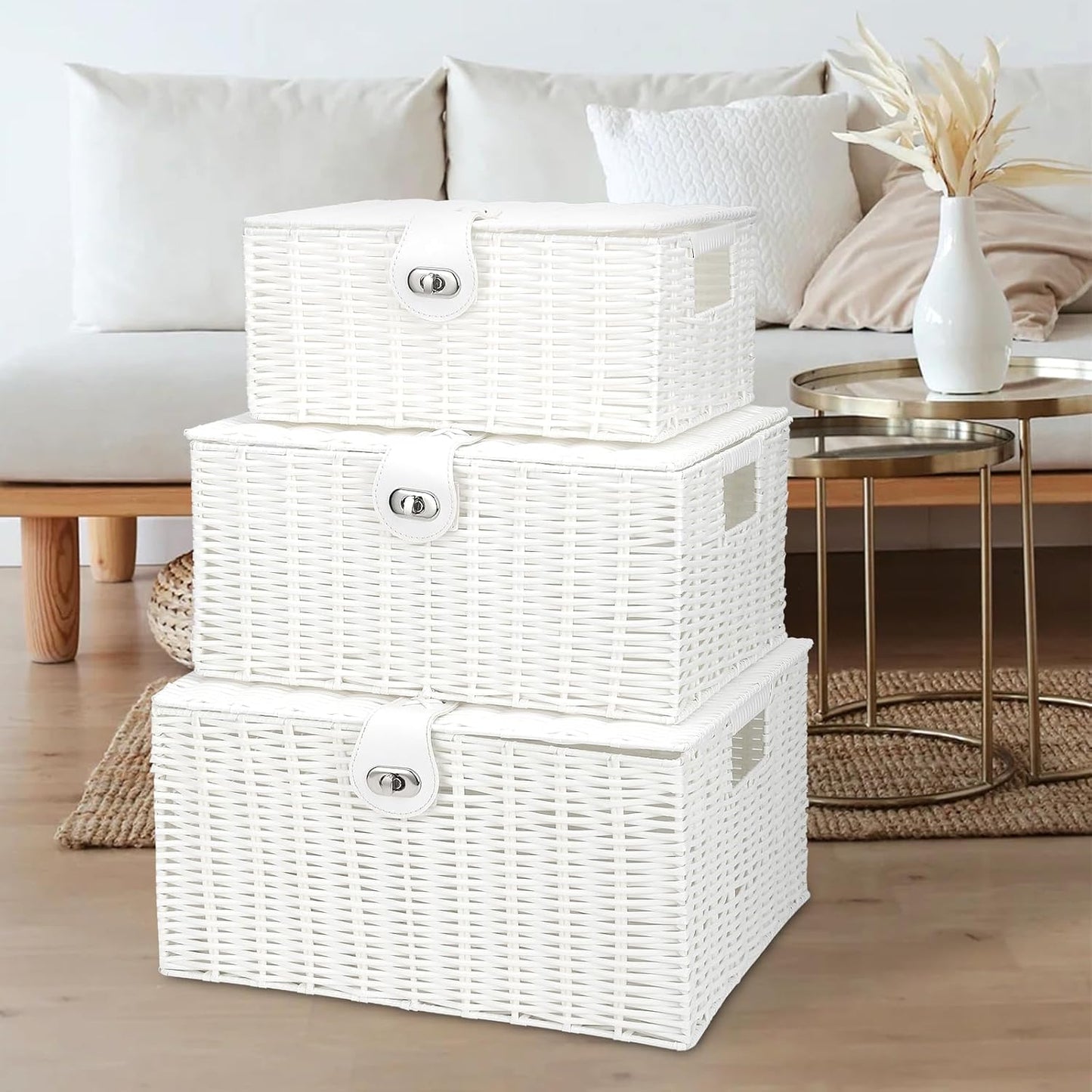 Woven Basket / Wicker Storage Baskets / White / Set of 3