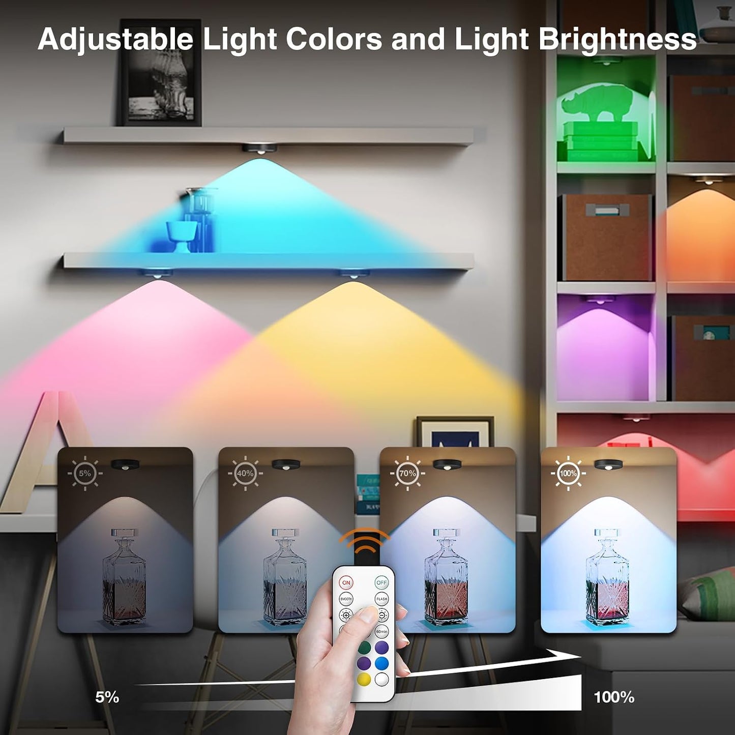 RGB Puck Lights with Remote Control, 2000mAh Rechargeable Stick on Led Lights, 9 Colors & 2 Dynamic, Tap Light with