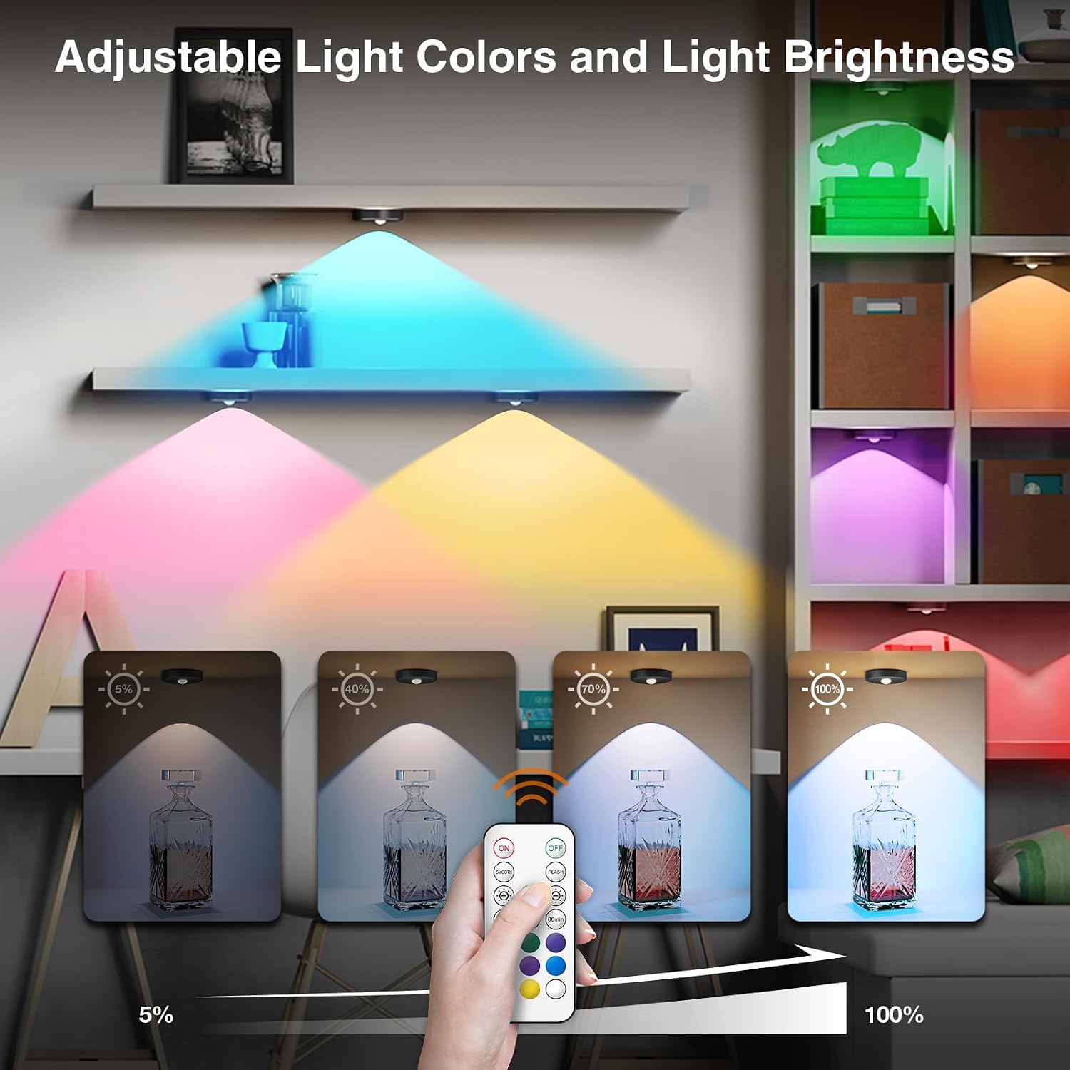 RGB Puck Lights with Remote Control, 2000mAh Rechargeable Stick on Led Lights, 9 Colors & 2 Dynamic, Tap Light with