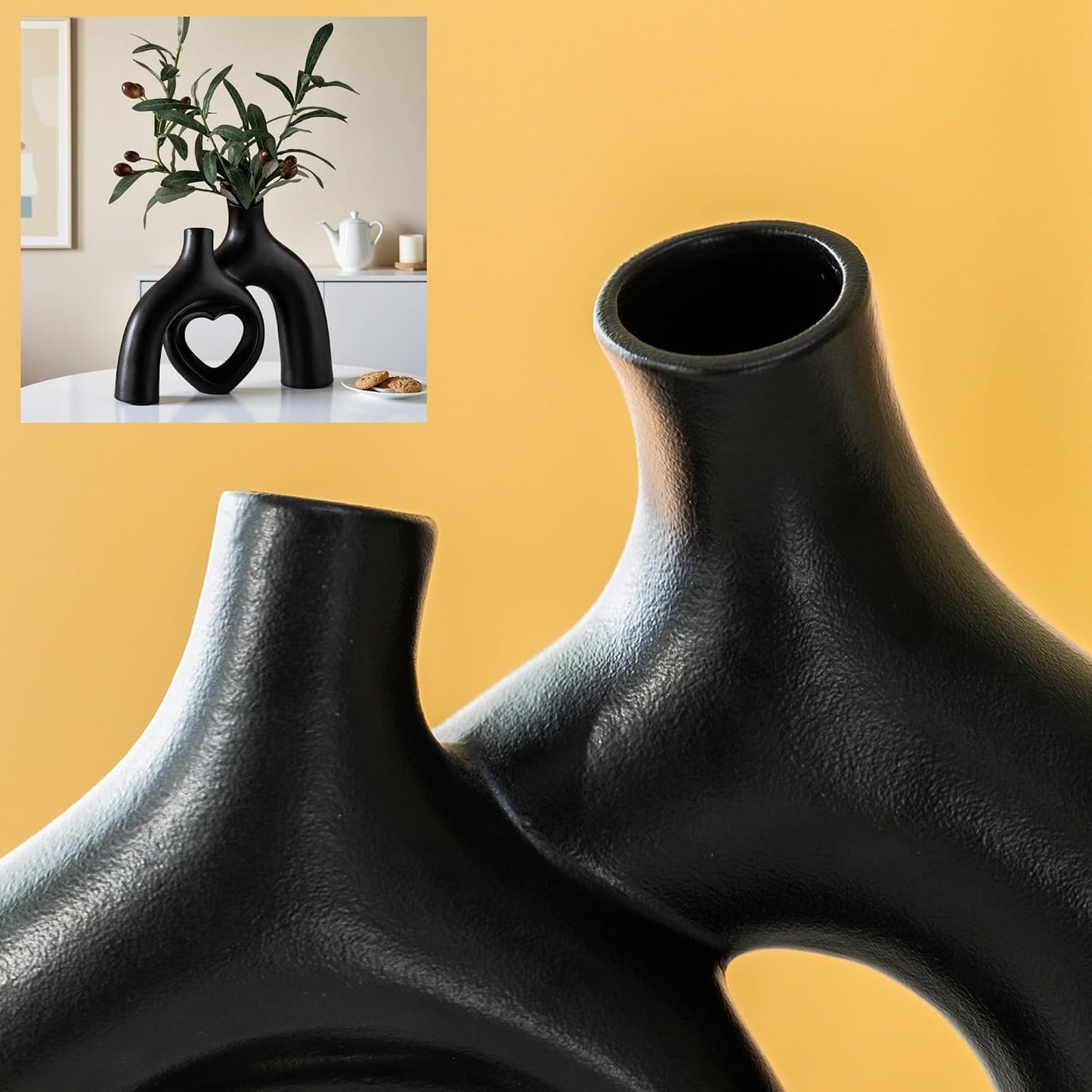 Hug Donut Ceramic Decorative Vase Set / Heart - Matte Black