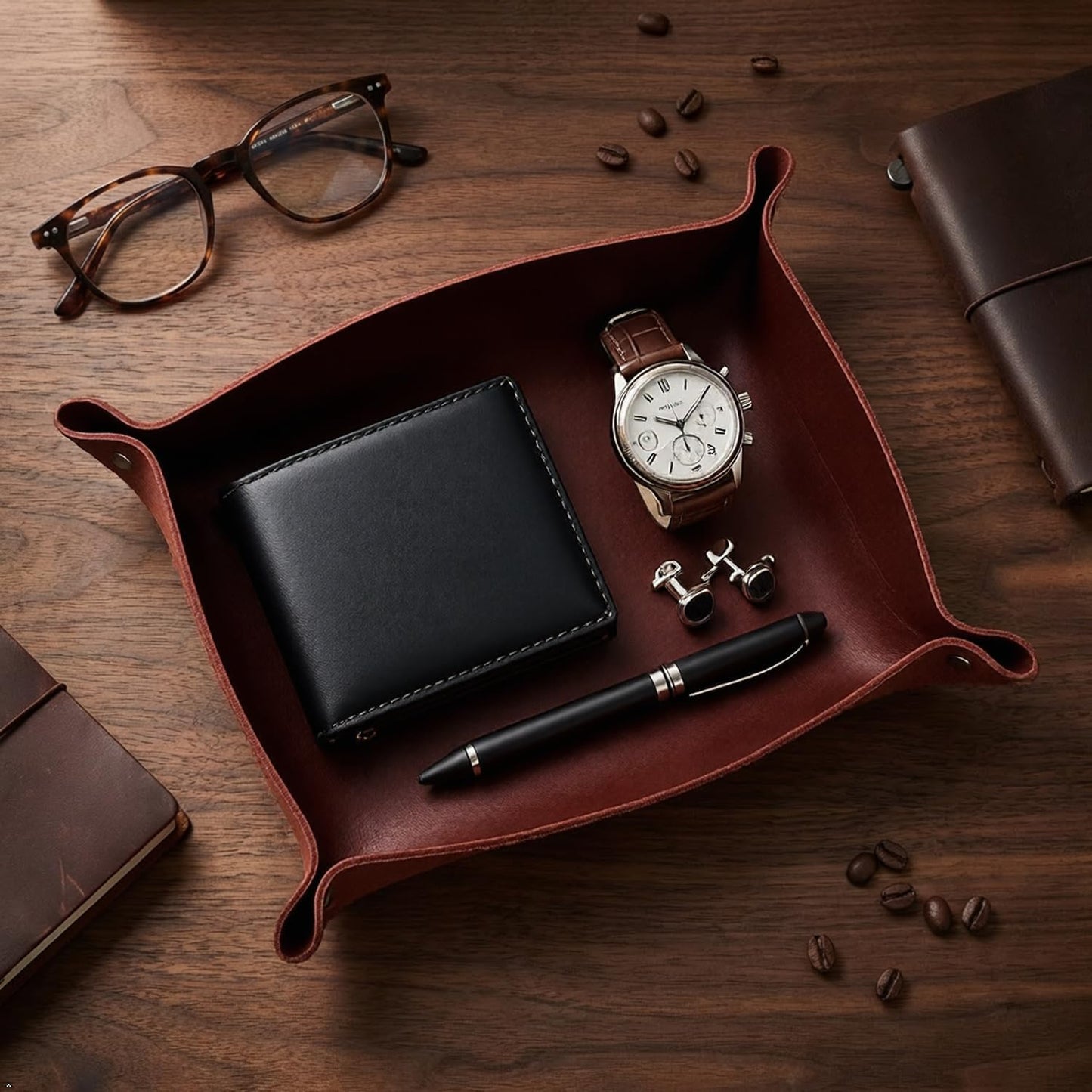 Northwind Personalized Leather Valet Tray – Made in USA - Custom Monogramed Full Grain Leather Catchall Tray for Men