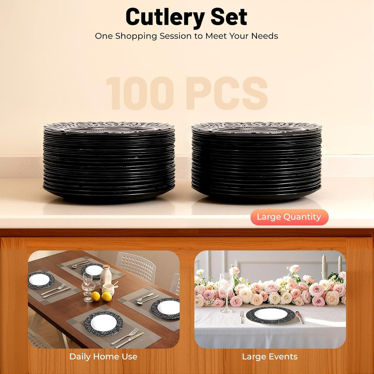 Black Charger Plates Bulk 100 Pack 13 Inch Charger Plates | Plastic Embossed Dinner Plates Reusable Round Plates for