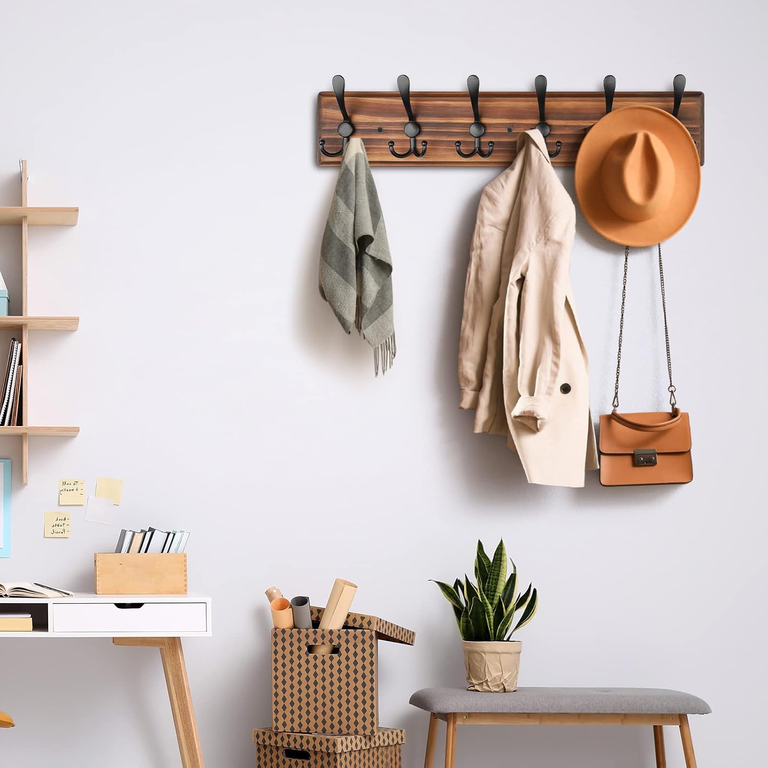 Coat Rack Wall Mount, Wooden Heavy Duty Coat Rack for Wall,6 Triple Coat Hanger Hooks for Hanging