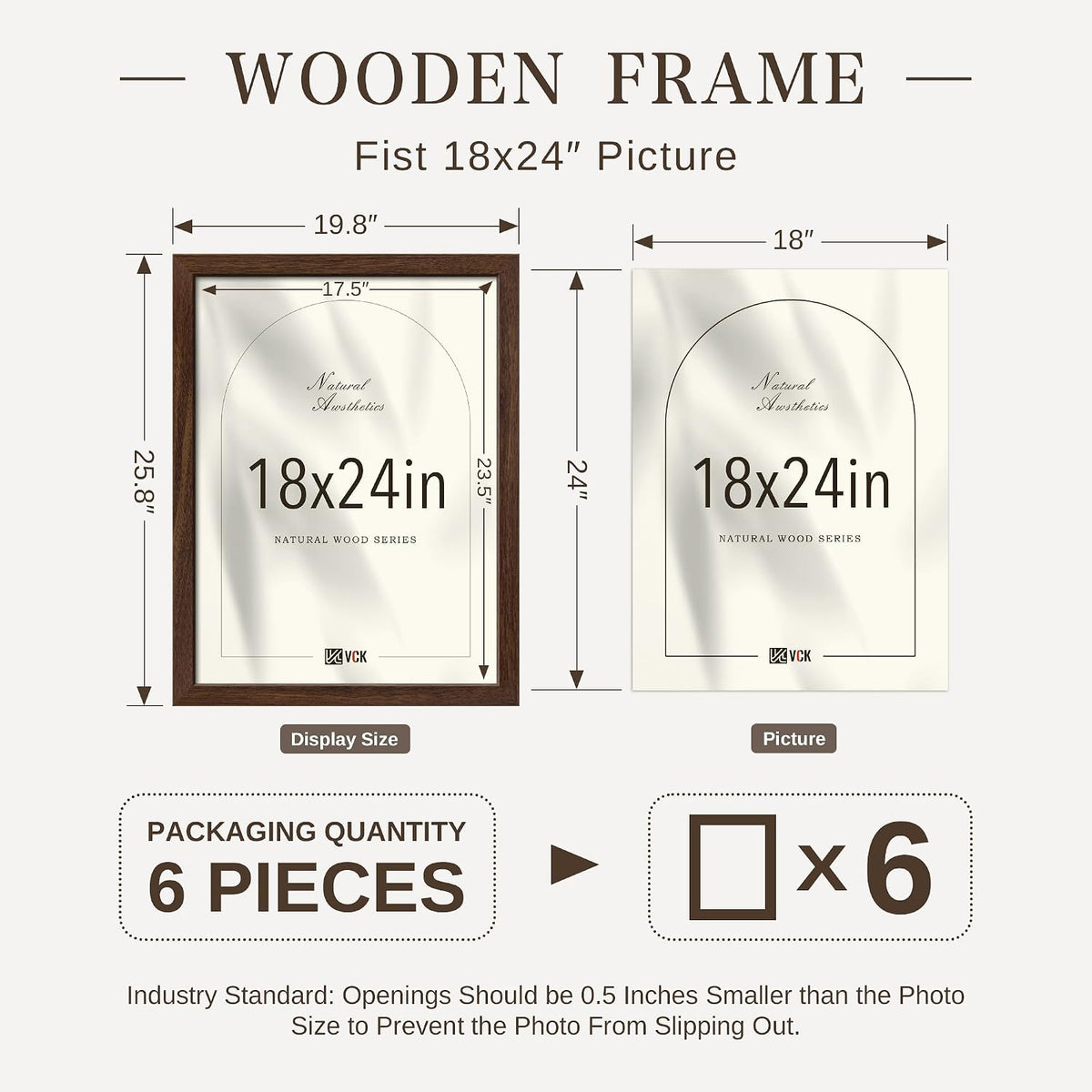 VCK 18x24 Frame Set of 6, Elegant Brown Wood Poster Frame | 1.1in Wide Border, Wall Hanging, HD Plexiglass