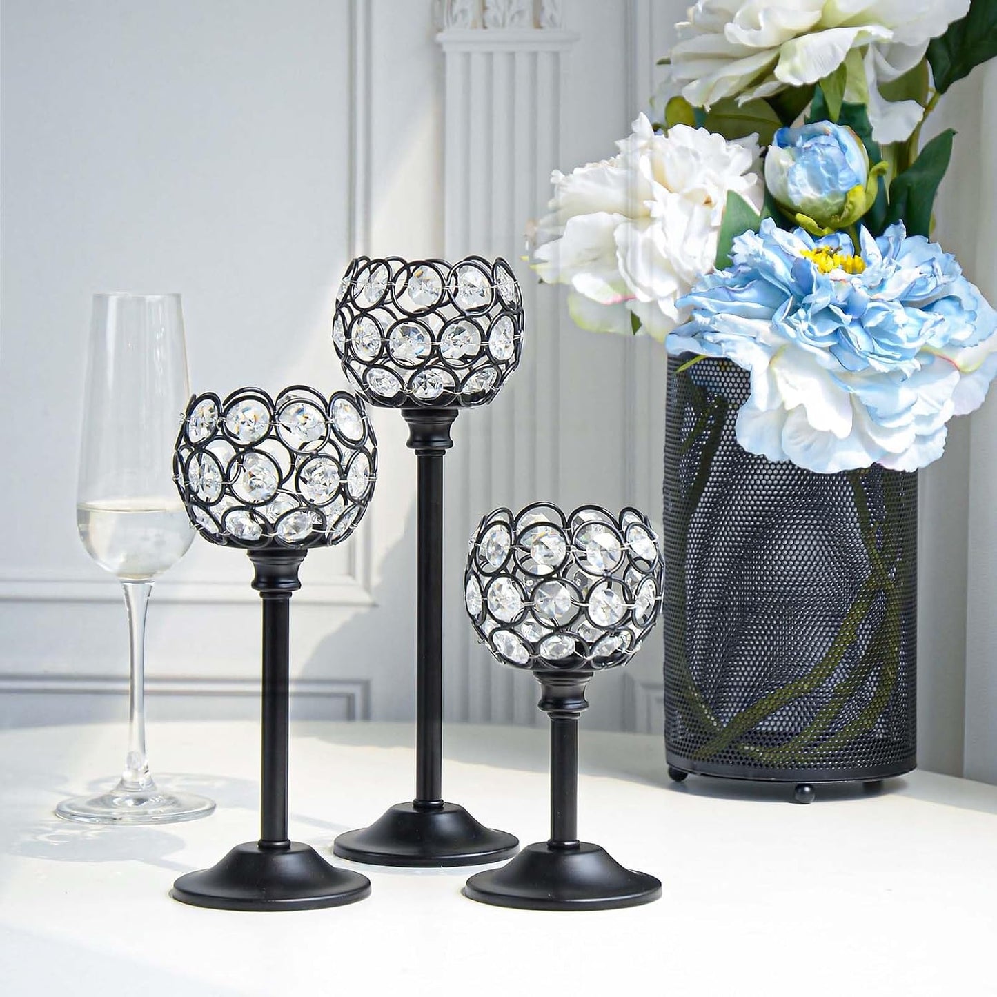 6pcs Crystal Candle Holder Set, 3 Sizes Tealight Candlestick Holders, Elegant Black Candelabra Bulk for Wedding Table