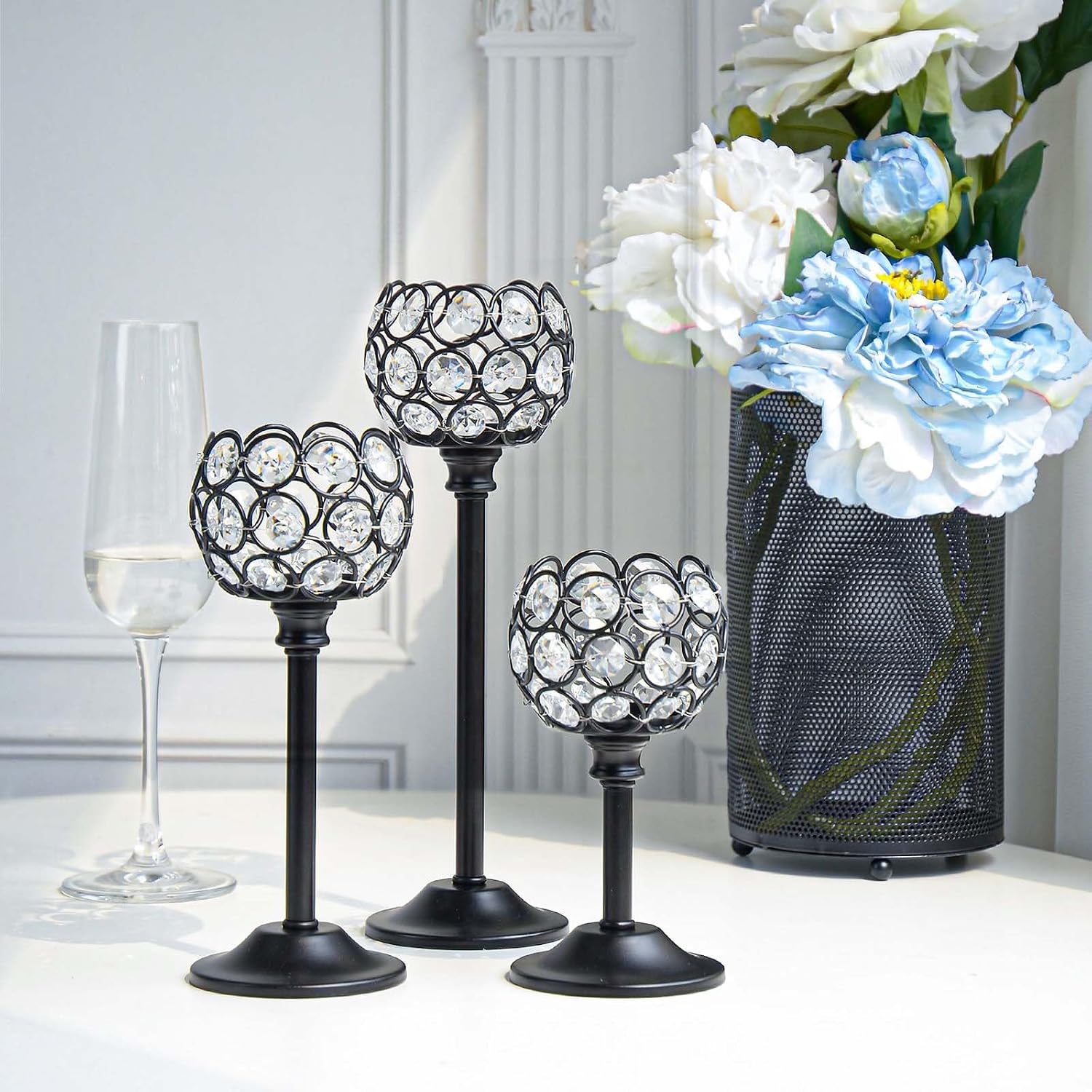 6pcs Crystal Candle Holder Set, 3 Sizes Tealight Candlestick Holders, Elegant Black Candelabra Bulk for Wedding Table