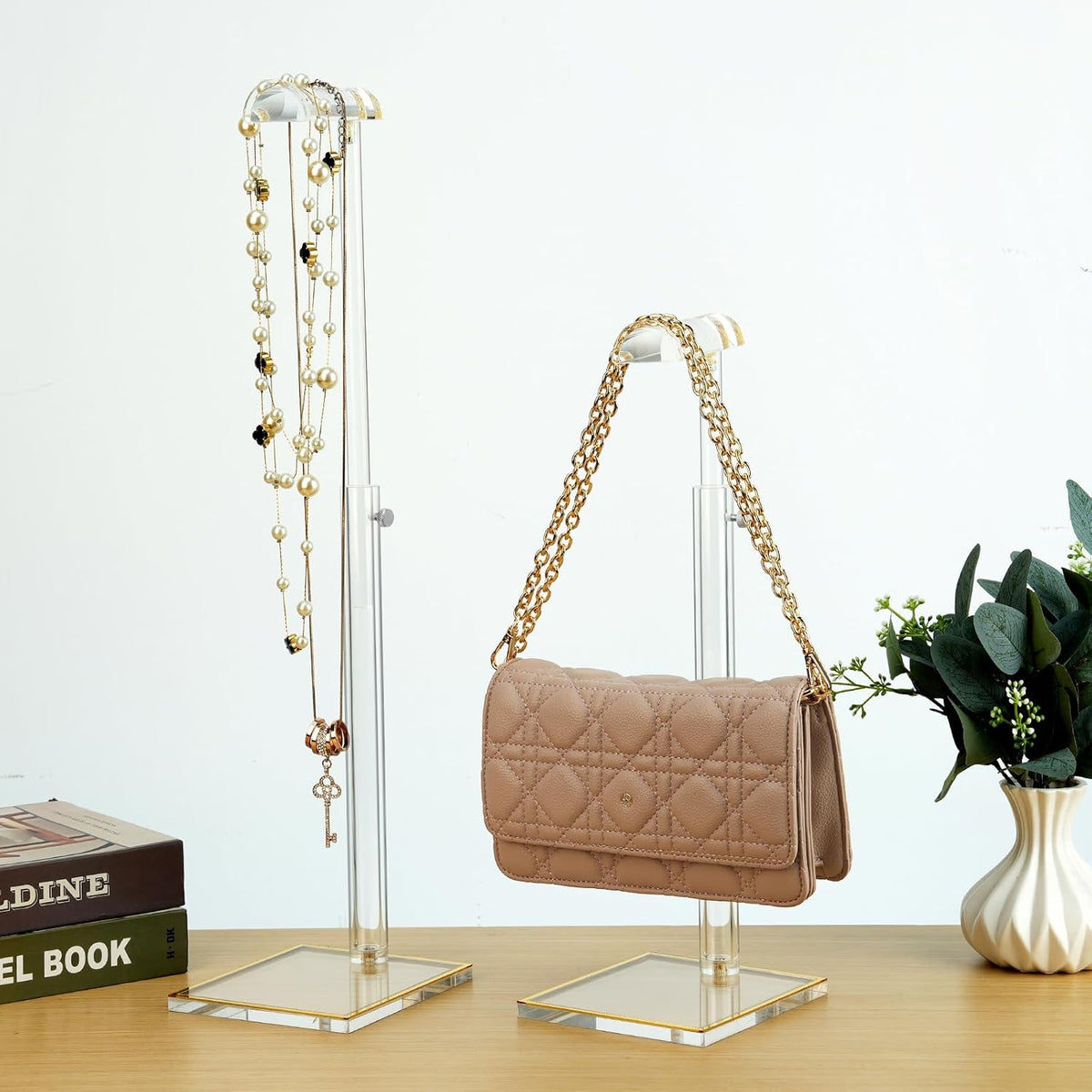 4 Pack Acrylic Purse Display Stand, 14"-24" Height Adjustable Handbag Stand | 8MM Stable Base, Clear Purse Holder, Home