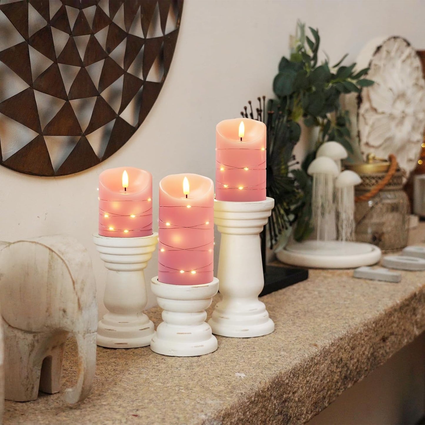 Homemory Flameless Candles with String Lights, 3 Pack Embedded Fairy String Lights LED Candles, Electric Flickering