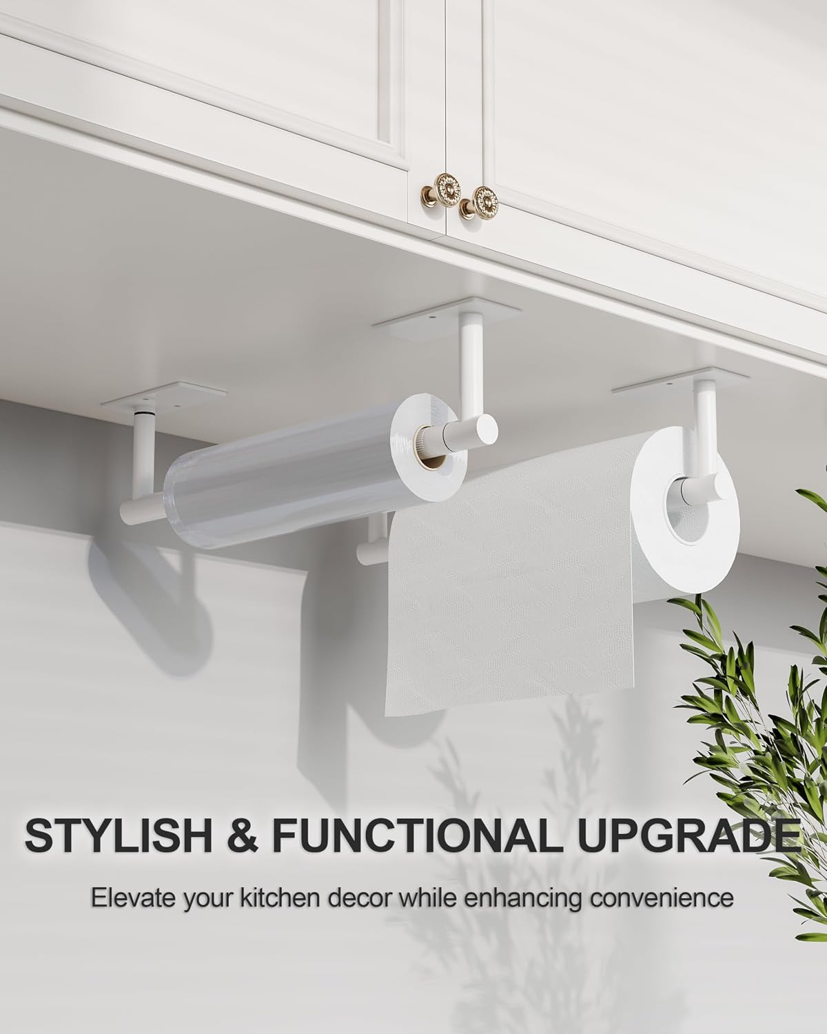 White Paper Towel Holder Under Cabinet Self Adhesive or Wall Mount | 304 Stainless Steel Post Pivoting Design No