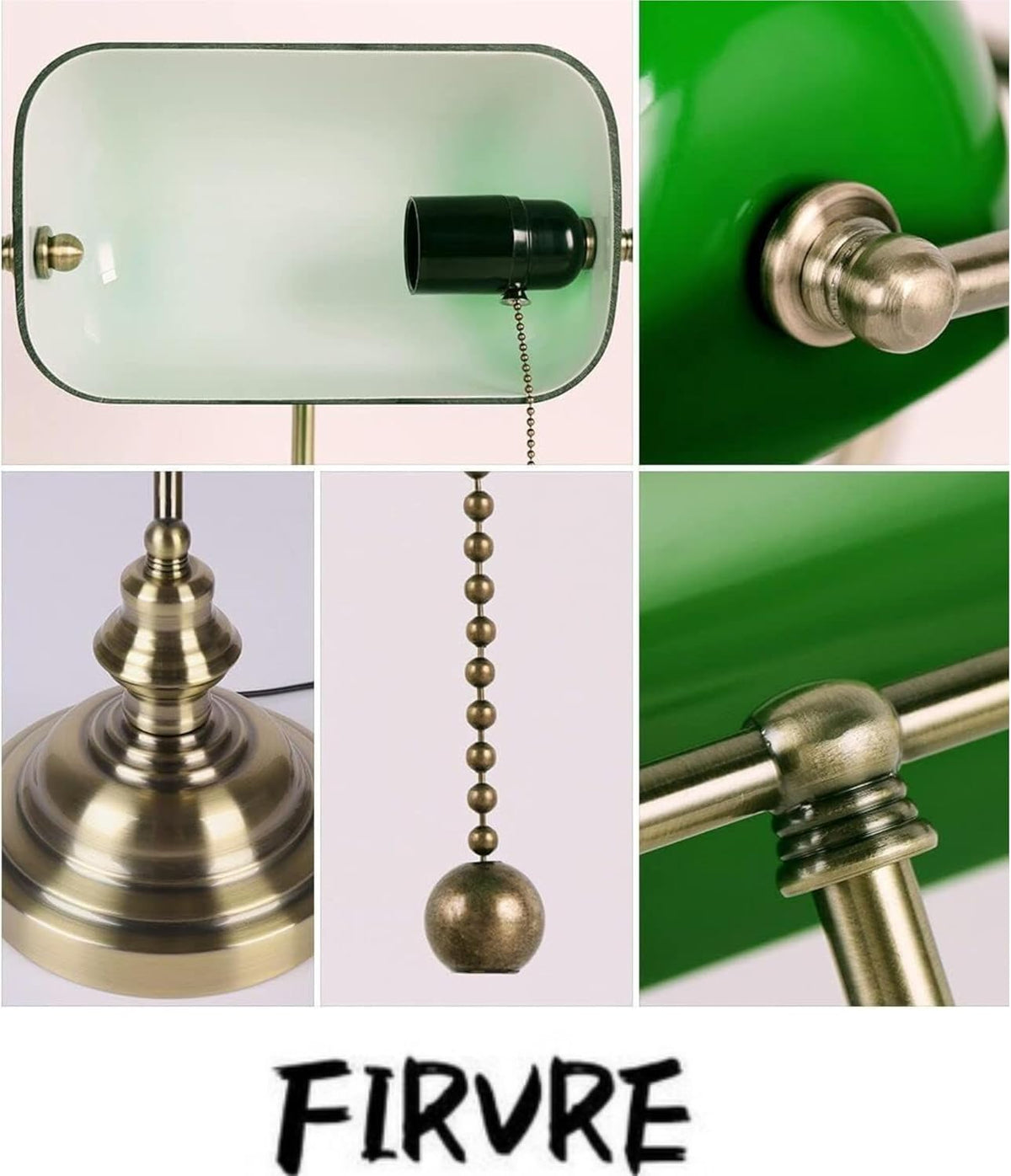 FIRVRE Green Bankers lamp, Antique Desk Lamps with Brass Base, Library Lamp with Pull Chain, Retro Desk Lamp for Home