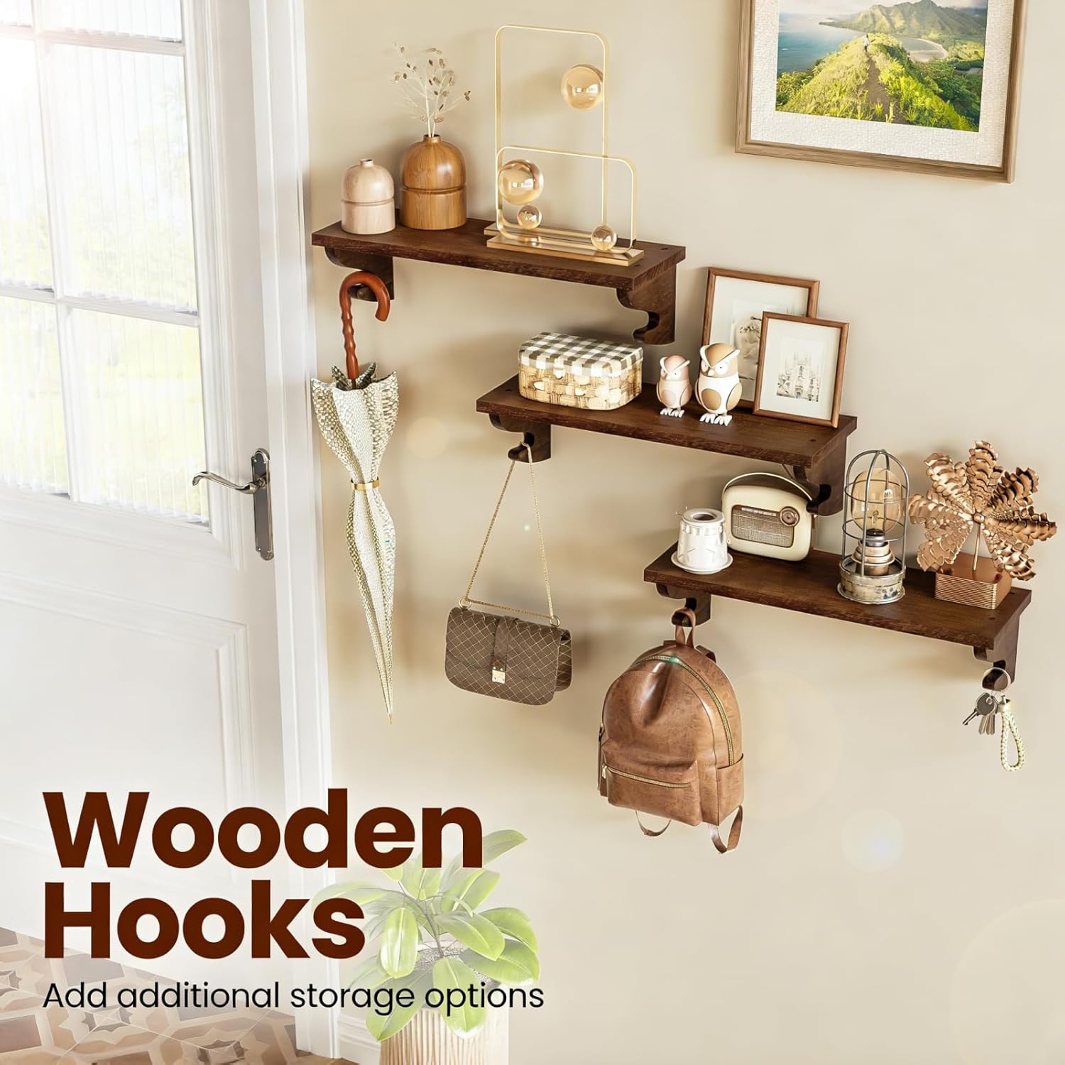 Rustic Wall Shelves / Light Walnut / 17 Inch / Set of 3