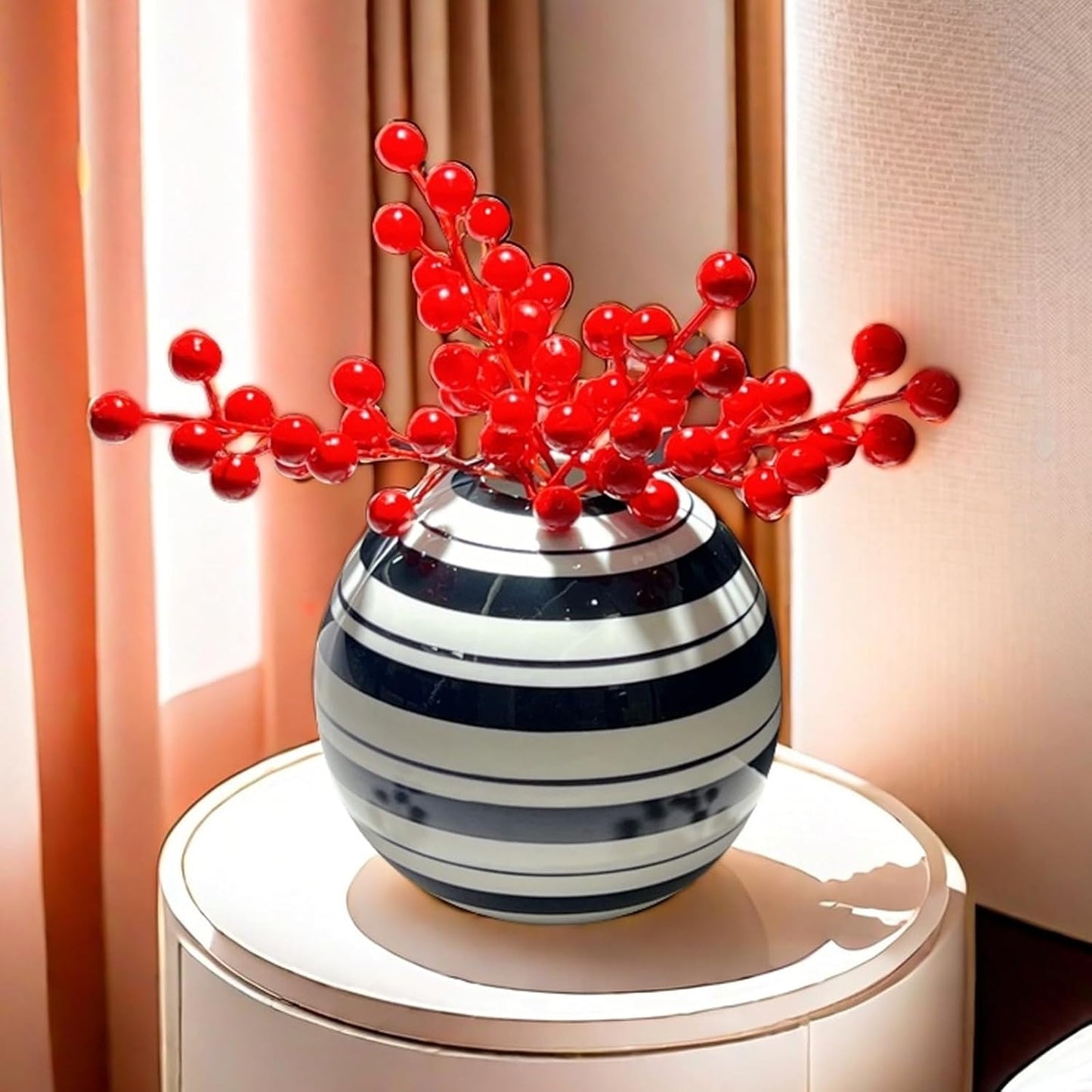 Spherical and White Striped Ceramic Vase / Black