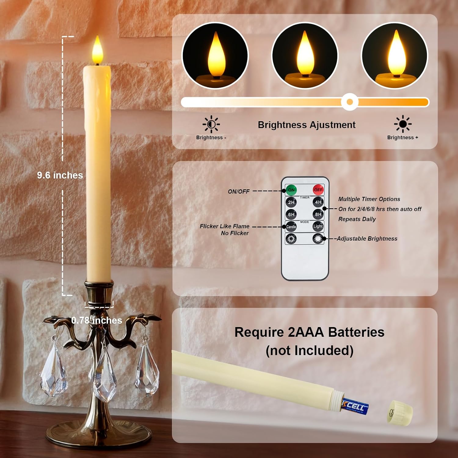 Homemory 12 Pcs Real Wax Flameless Taper Candles with Remote Timer and Dimmer, Battery Operated Candlesticks with