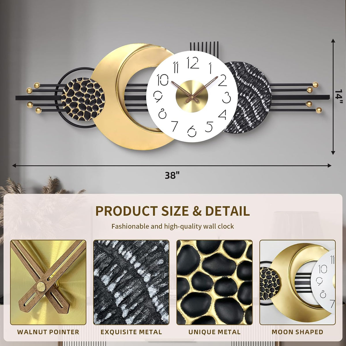 38x14 Inch Modern Silent Wall Clock, Sleek Statement Decor for Living Room | Battery Powered, Quartz Movement, Clear