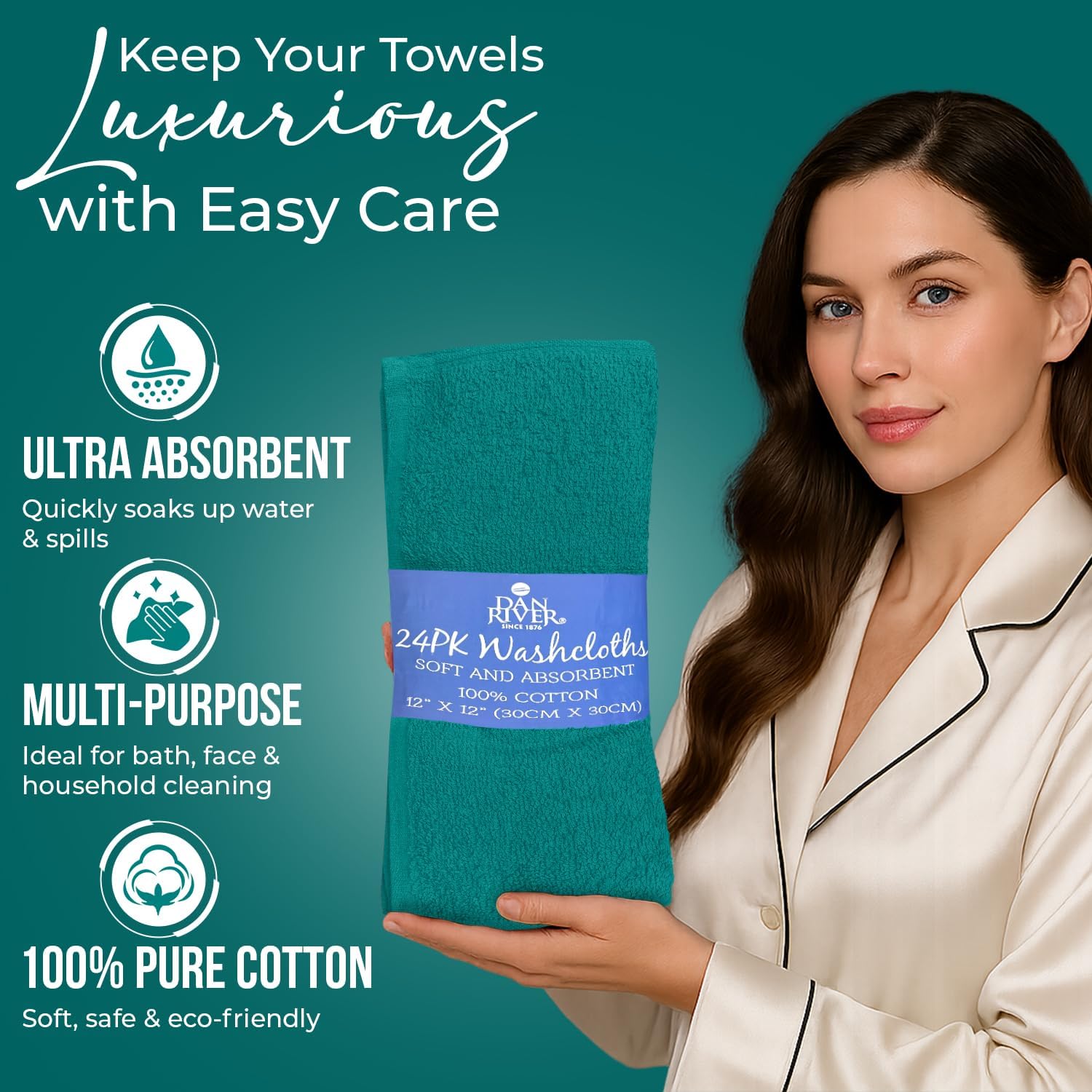 DAN RIVER 24 Pack Cotton Wash Cloths Set for Showering [12x12] Teal | Lighter Weight, Quick to Dry, Super Soft &