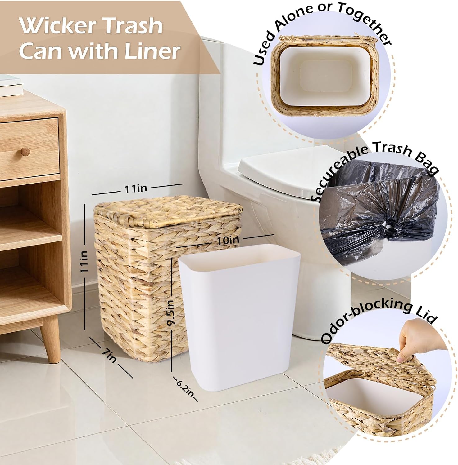 Wicker Trash Can and Handwoven Tissue Box Cover Set Rattan Waste Basket