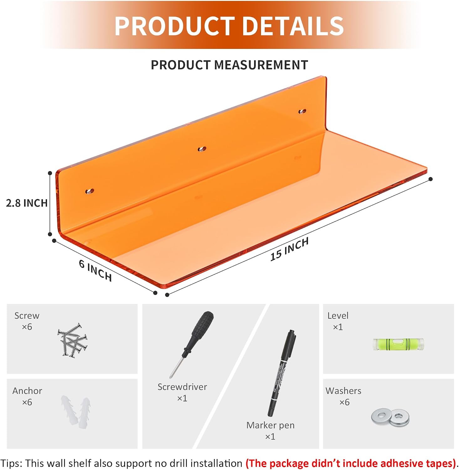Sezanrpt 15 Inches Orange Acrylic Wall Shelves 2 Pack, L Shape Floating Shelf, Perspex Wall Mounted Shelves for Home