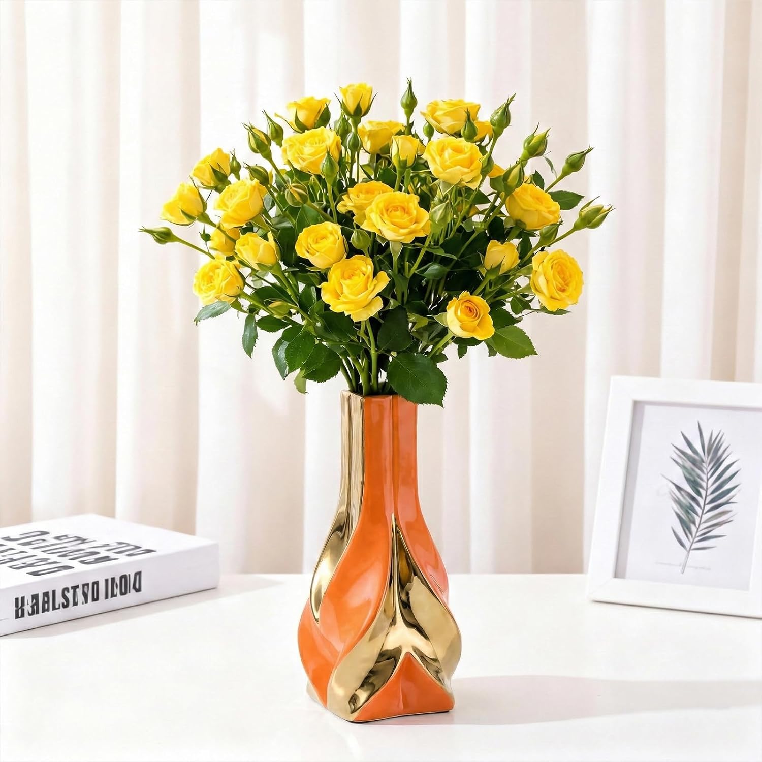 10.6" Orange and Gold Ceramic Vase / Orange Gold