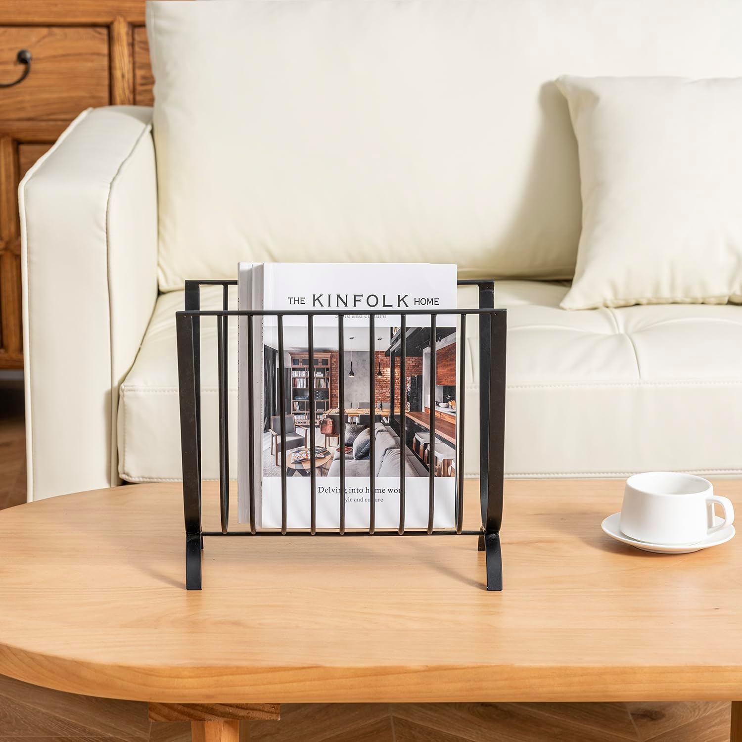 MyGift Matte Black Metal Magazine Rack, Deluxe Mid Century Wire Magazine Rack, Tabletop or Floor Standing Sling Basket