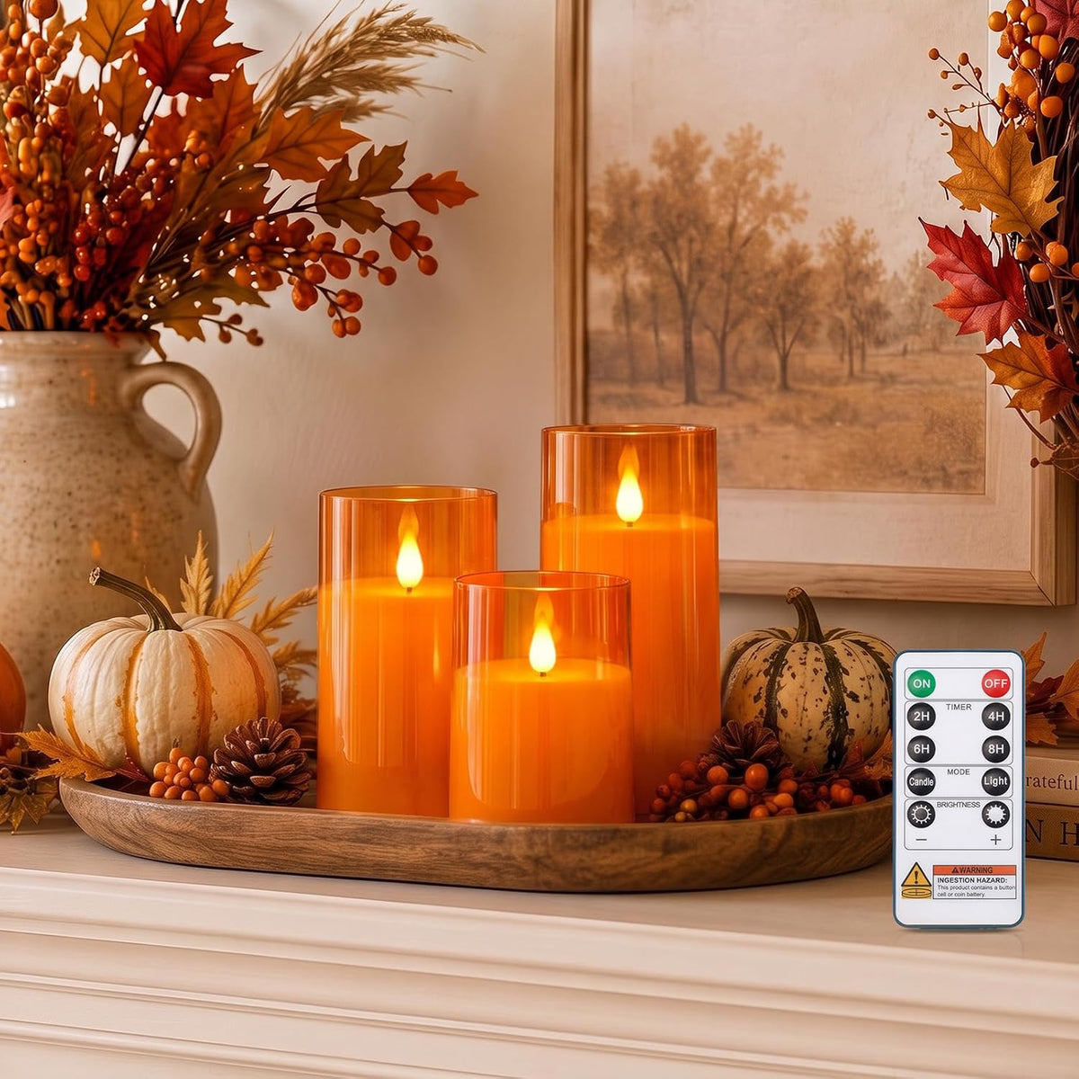 Homemory Halloween Orange Flameless Candles, Acrylic, Remote Timer, 3 Pack