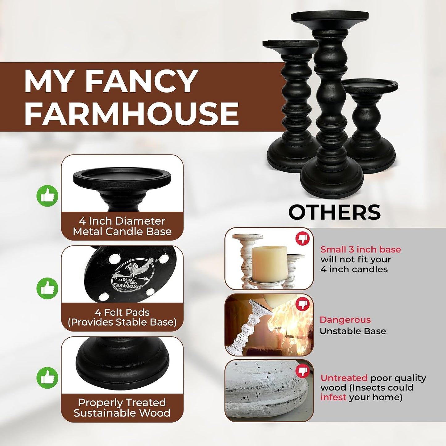 Satin Black Candle Holders for Pillar Candles (Set of 3) Tall Large Rustic Pillar Candlestick Stands - Fits Both 4 inch
