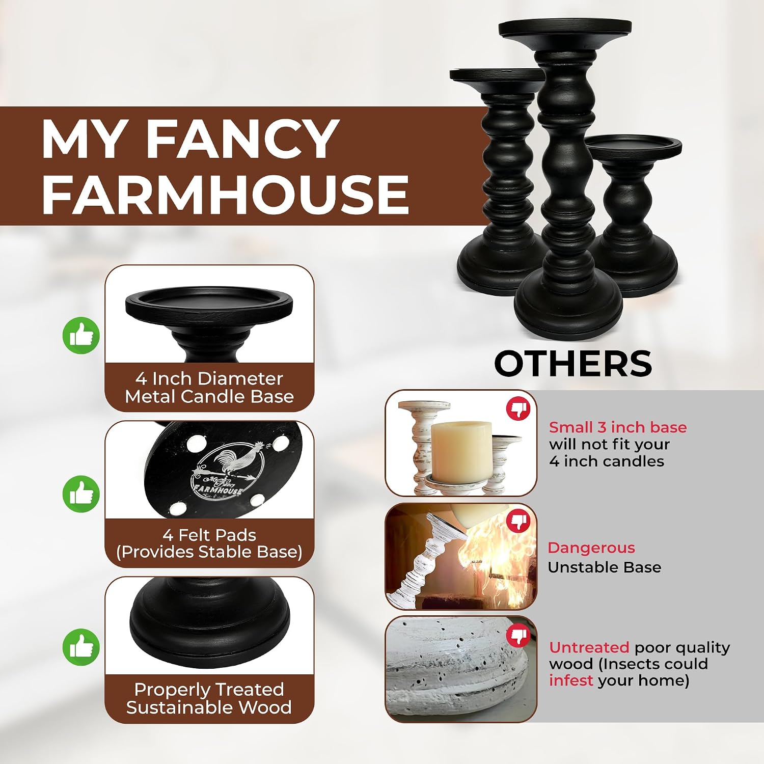 Satin Black Candle Holders for Pillar Candles (Set of 3) Tall Large Rustic Pillar Candlestick Stands - Fits Both 4 inch