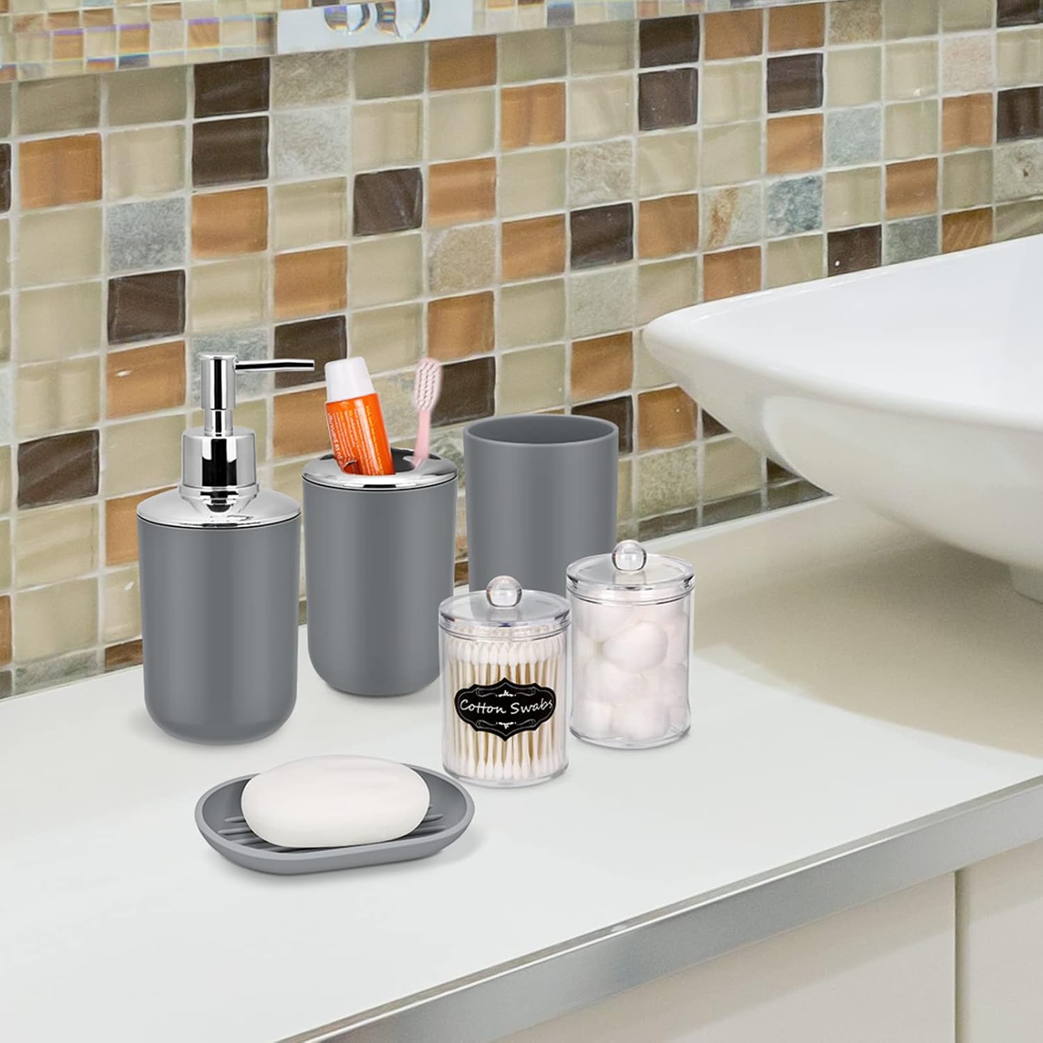 IMAVO Bathroom Accessories Set,Grey Bathroom Set,9 Pieces Bathroom Accessory Set,Tray,Qtip Holders,Toilet Brush,Trash