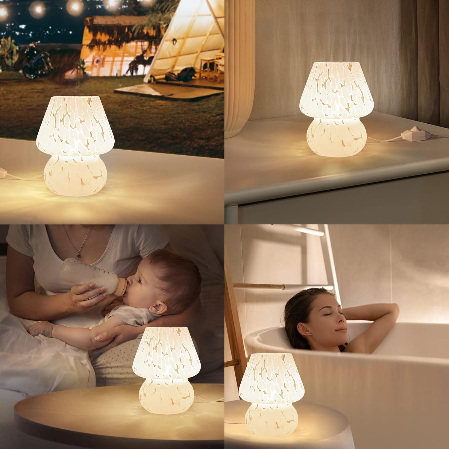 ONEWISH Cute Mushroom Lamp Small Bedside Table Lamp Set of 2 Stepless Dimmable, Translucent Glass White Nightstand Lamp
