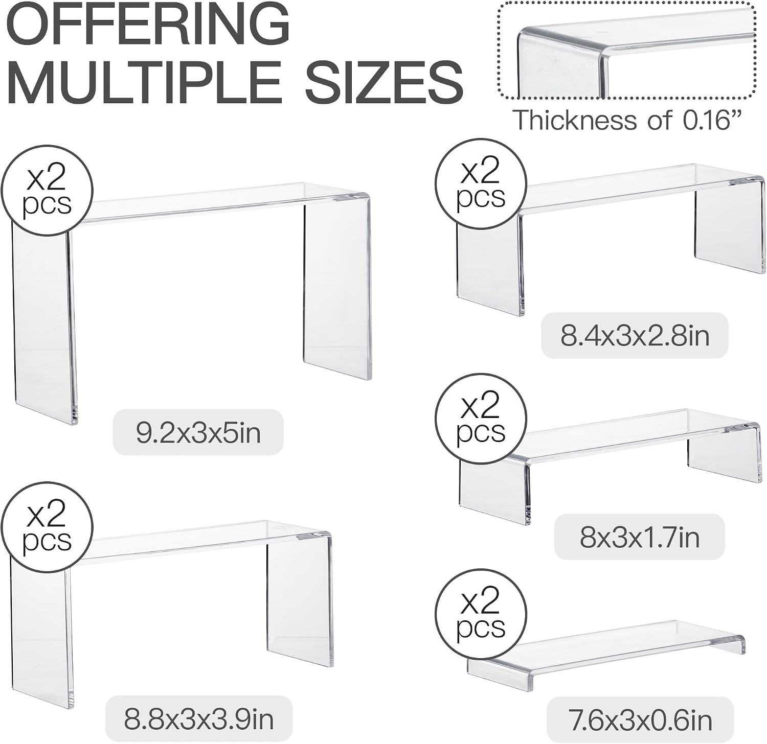 10 Pack Acrylic Display Risers, 2 Set(7”L~8”L~9”L) Perfume Stand Organizer, Easy to Store Clear Cupcake Stand, Display