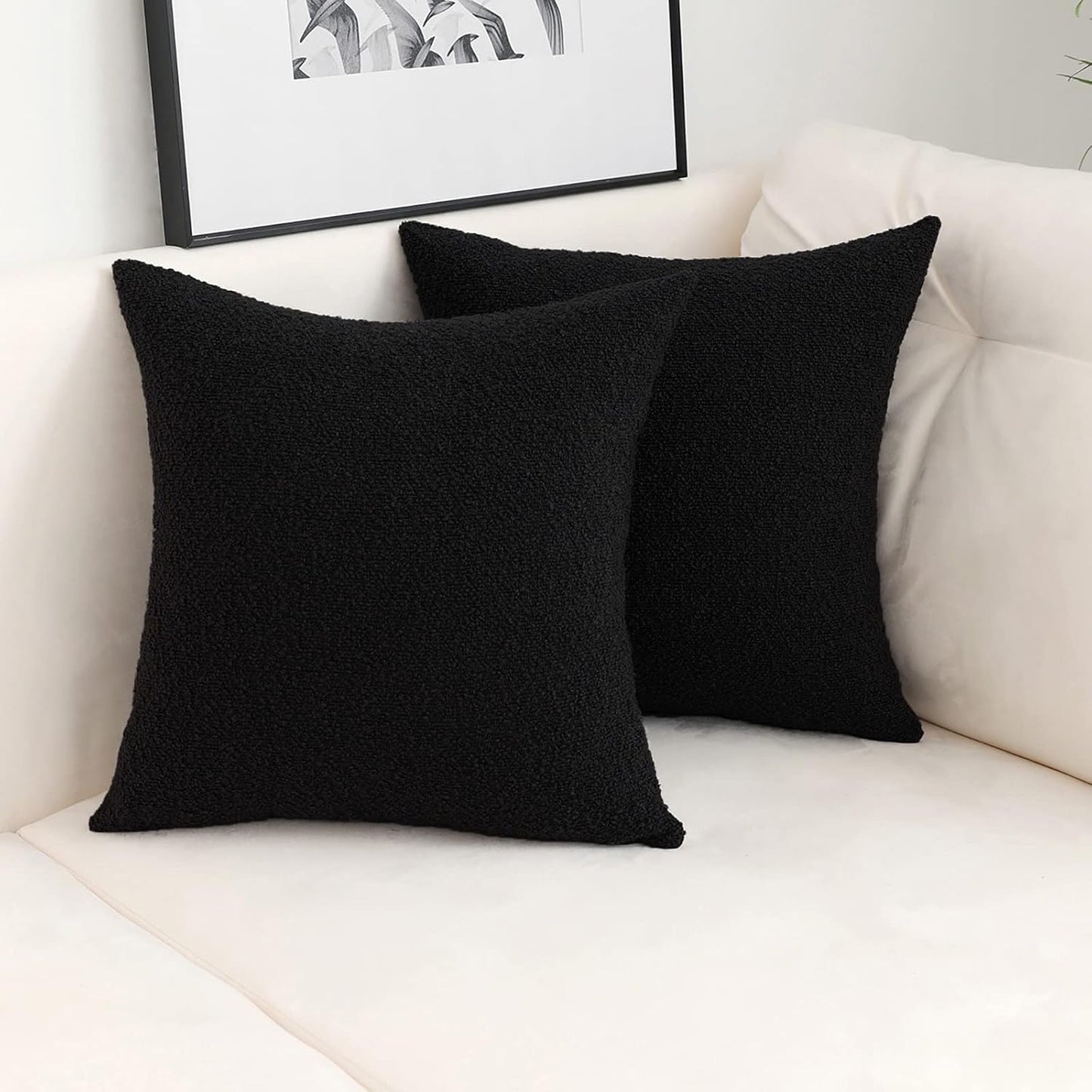 Decorative Square Thick Throw Pillow Covers Boucle Couch Cushion Cases / Black / 18 x 18 / Set of 2