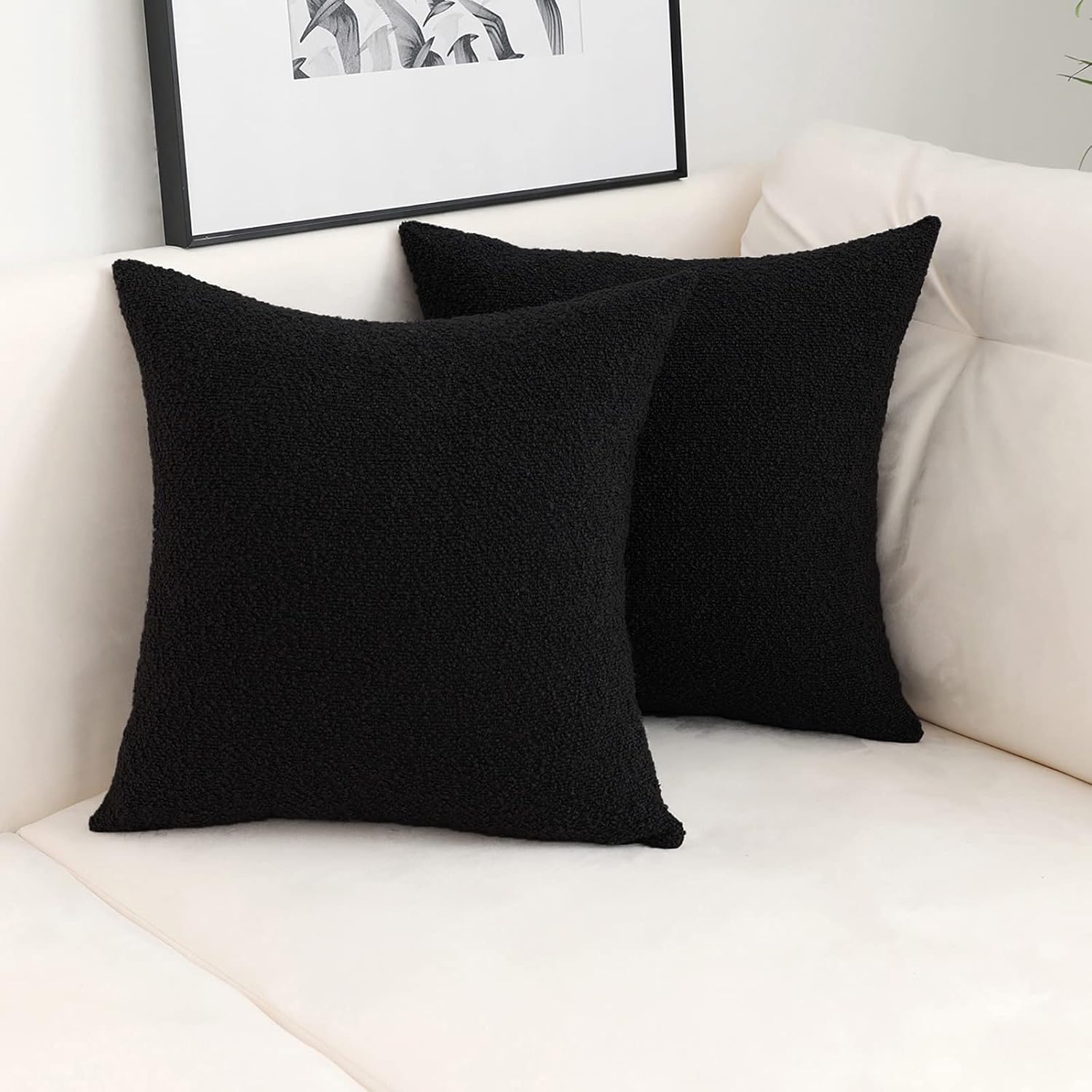 Decorative Square Thick Throw Pillow Covers Boucle Couch Cushion Cases / Black / 18 x 18 / Set of 2