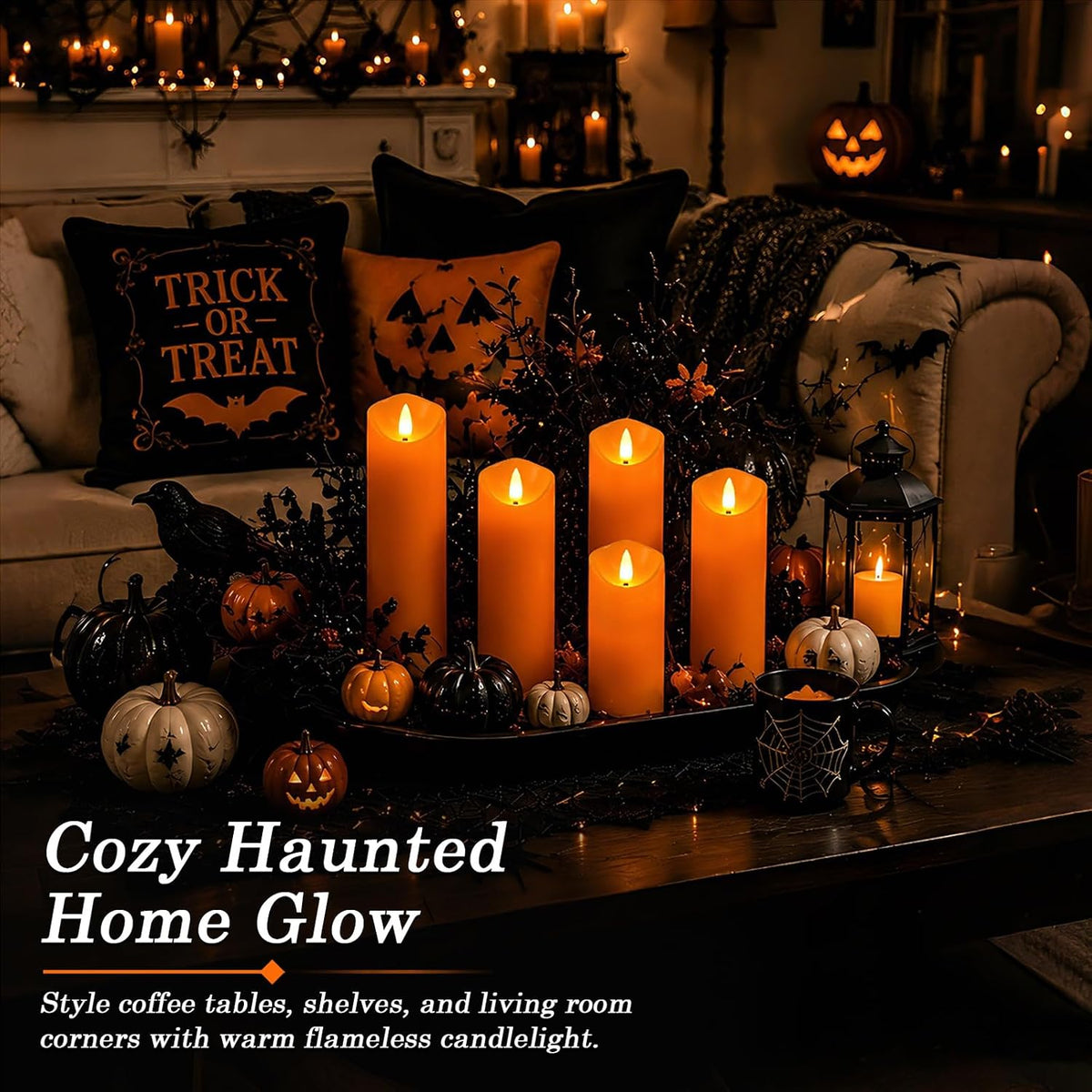 Homemory Orange Halloween Flameless Candles, Remote Timer, 9 Pack | Battery operated LED pillar candles, remote timer