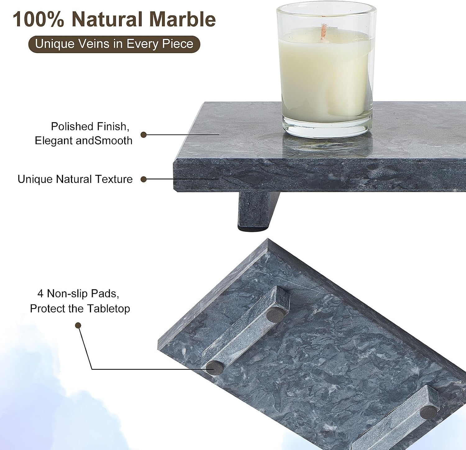 Vanity Organizer / Natural Marble Tray Pedestal Stand / Black / 9.8 x 5.9 x 1.6