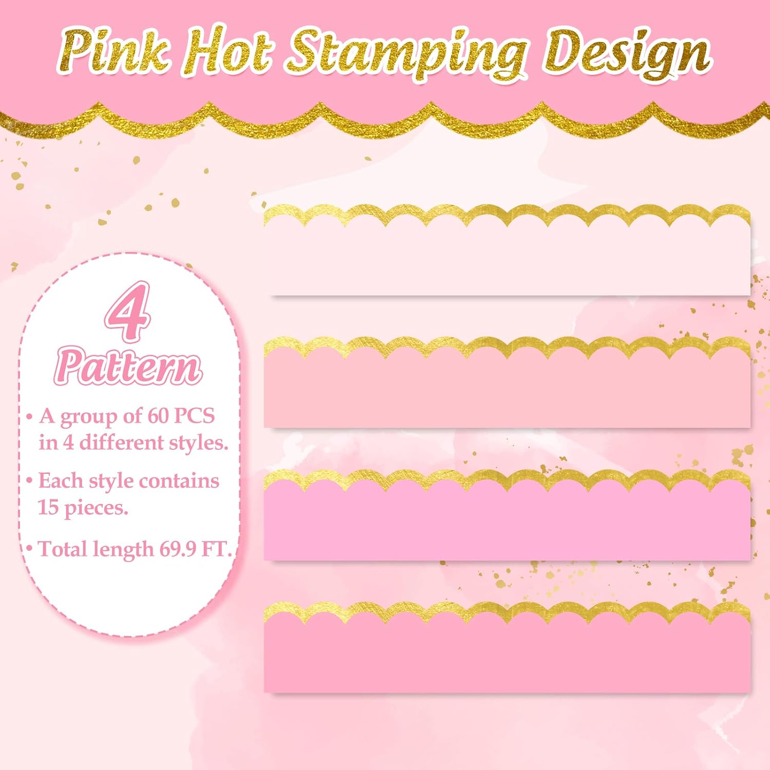 Foil Gold Border Gradient Scalloped Border Trim Wavy Trim DIY / Pink / 69 ft